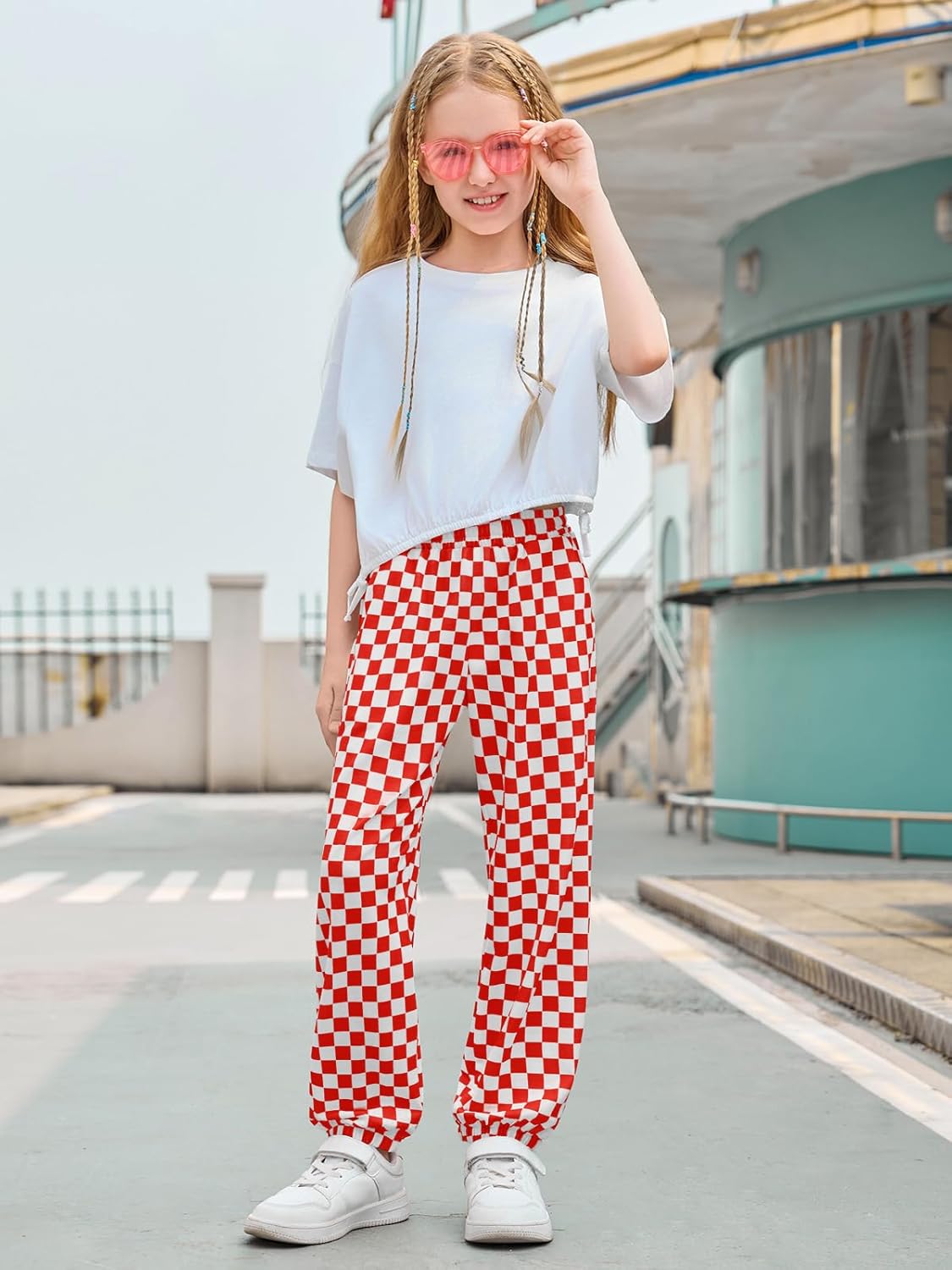 Haloumoning Girls Plaid Pants Kids Elastic Waist Jogger Pants Lightweight Bottoms with Pockets 5-14 Years - Image 5