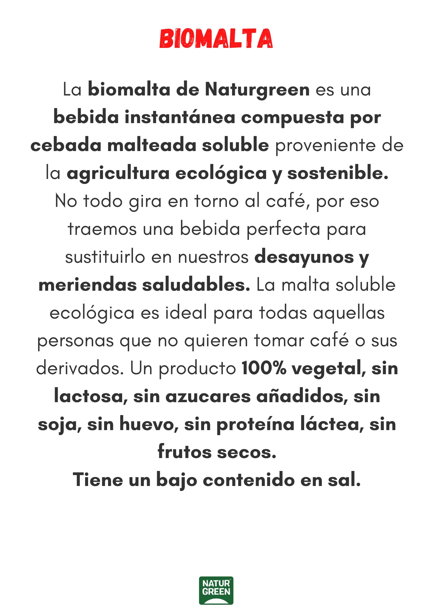 NaturGreen - BioMalta Instantánea Ecológica, Pack 6 x 100 g, Malta Soluble Bio en Polvo, Bebida de Cebada Malteada 100% Vegetal, Alternativa al Café, Sin Cafeína, Sin Lactosa, Sin Azúcar Añadido