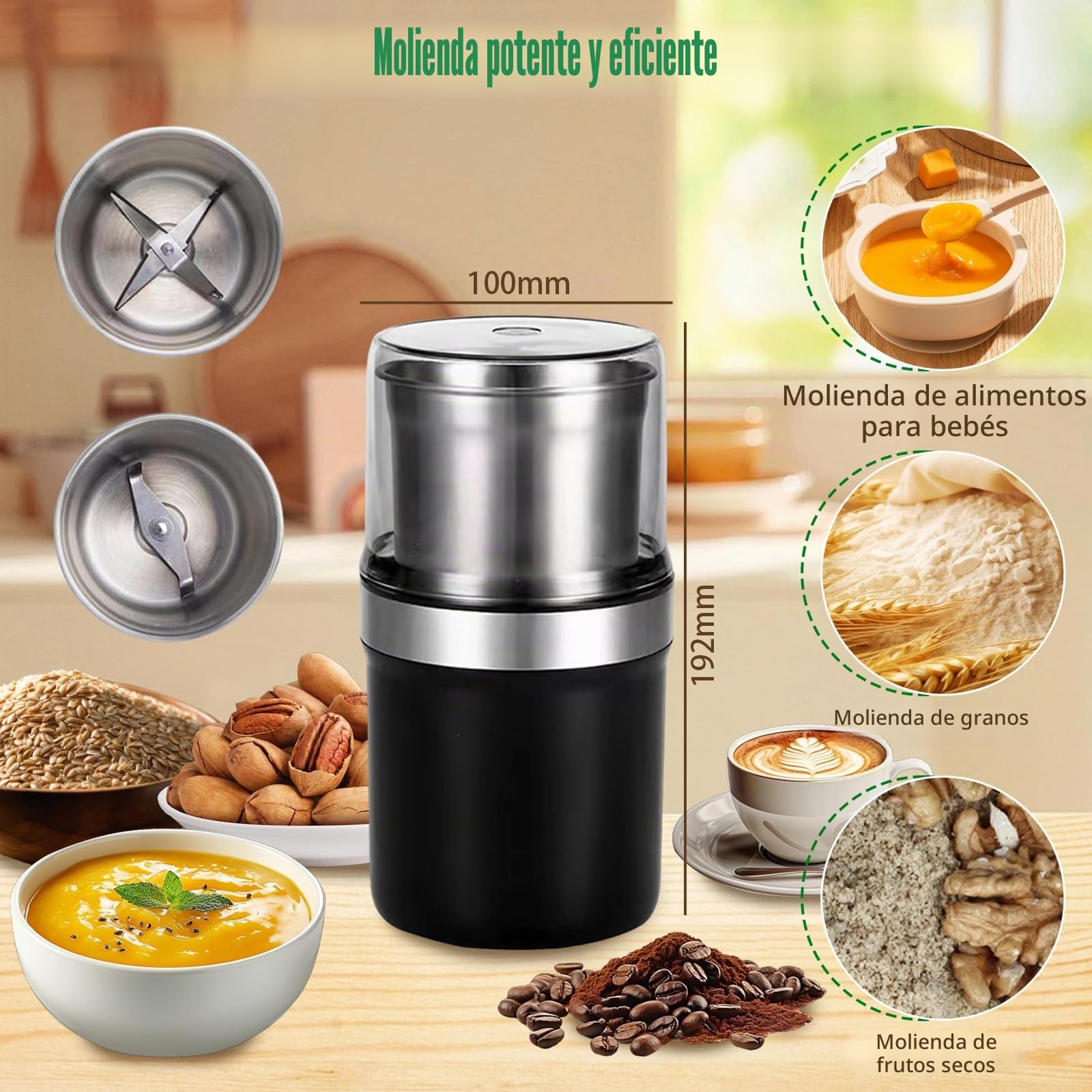 Molinillo eléctrico de 200 W para café y especias con 2 recipientes de acero inoxidable para molienda húmeda y seca, molino de hierbas y nueces