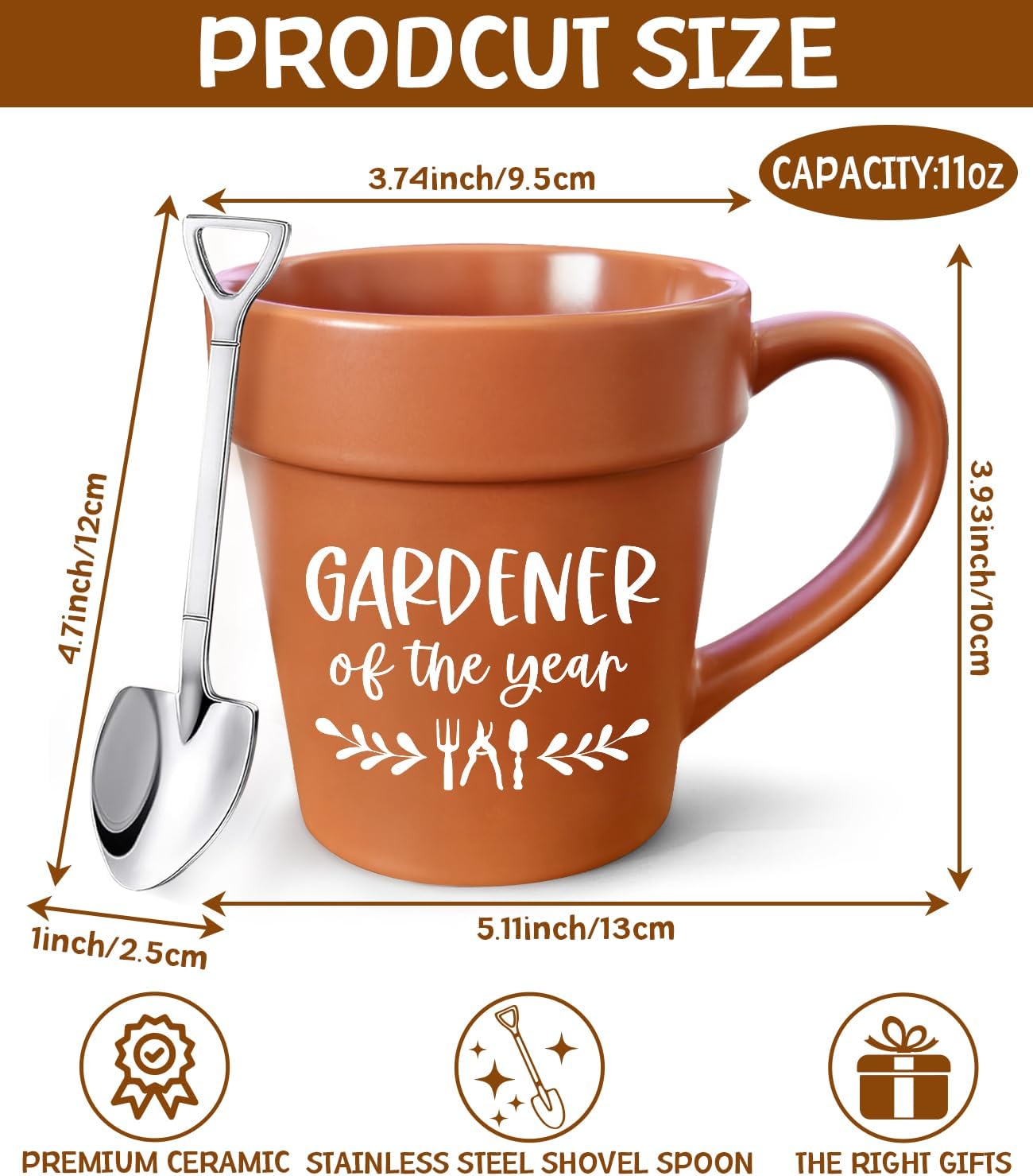 Gardener of the Year Coffee Mug Gifts,Plant Novelty Ceramic Mug with Shovel Spoon for Plant Lover Women Men Gardeners,Dad Birthday Father's Day Cute Mom Christmas Mother's Day Gifts - Image 2