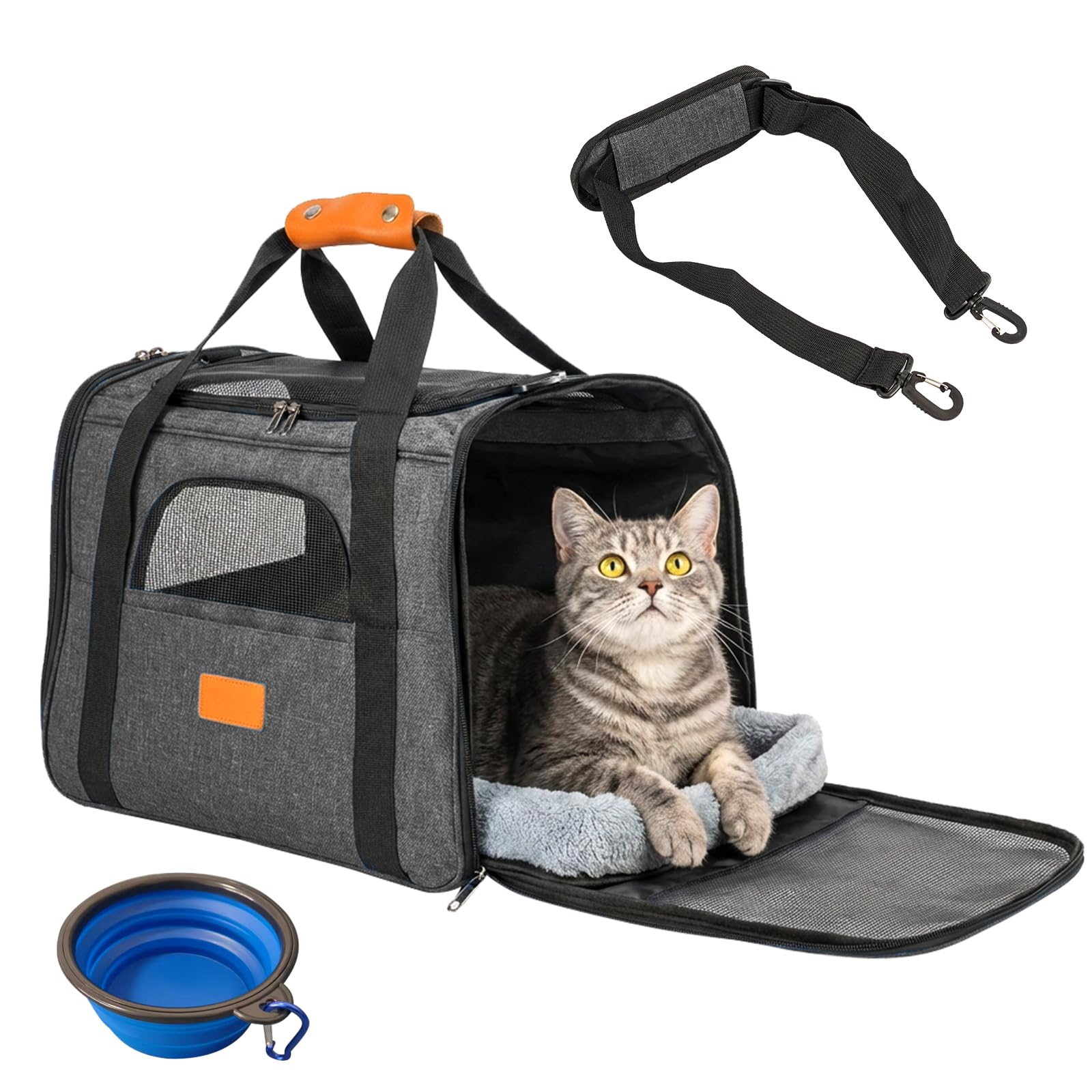 LN COZY CORNER Pet Carrier Bag – Foldable Cat & Dog Travel Handbag with Breathable Mesh, Oxford Cloth & Removable Bowl – Portable Pet Carrier for Vet Visits, Hiking & Short Trips (Grey)