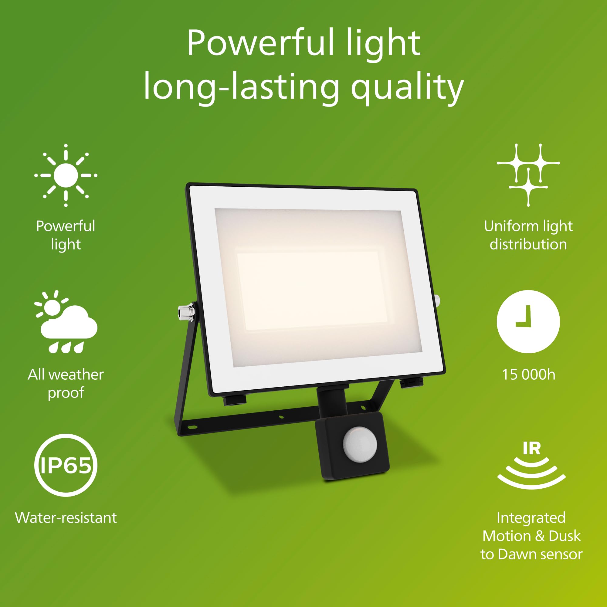 PHILIPS Lois Outdoor Floodlight with Sensor, 50 W, 3000 K, Black, White Light, 50W - Image 2