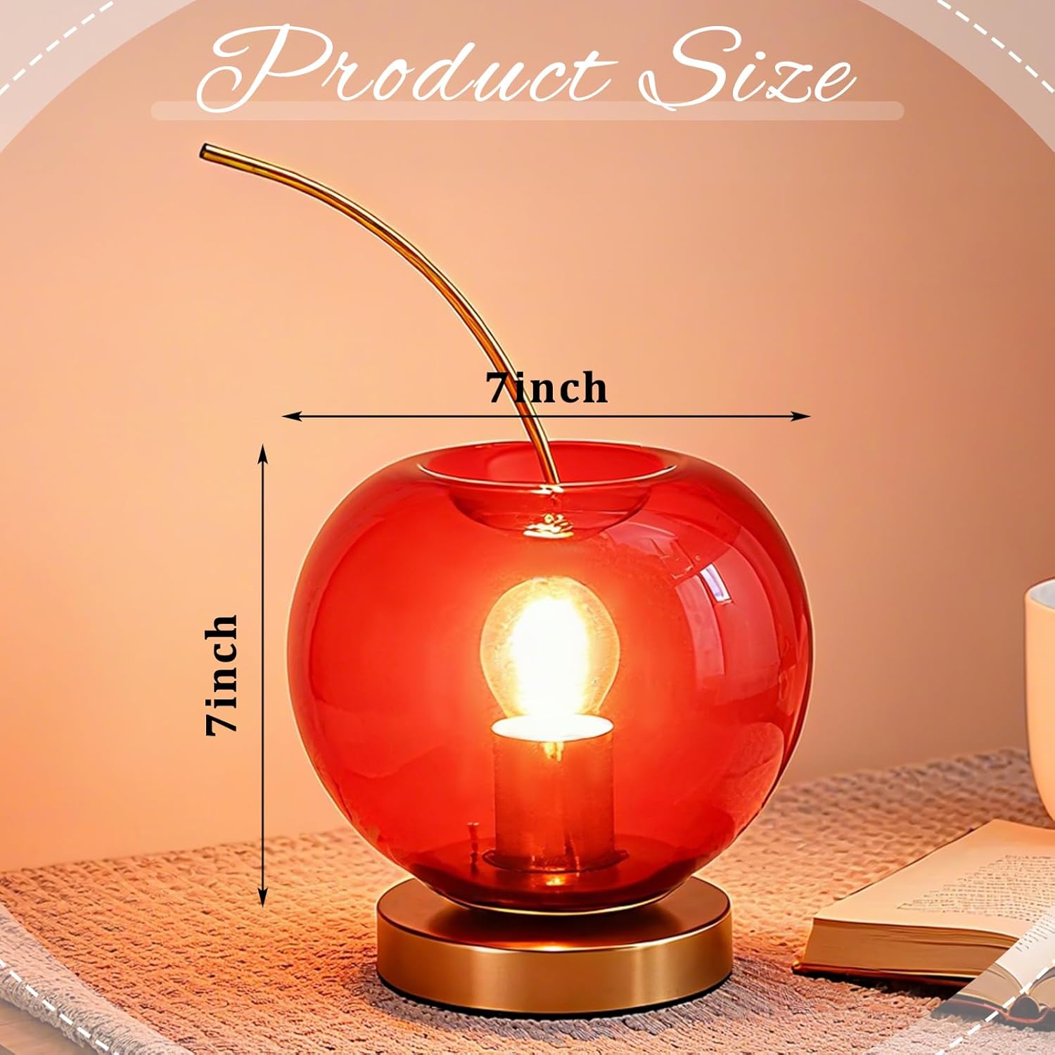 Ganeen Fruit Cherry Table Lamp Glass Cherry Shape Lampshade Gold Metal Base Desk Night Light for Living Room Table, Bedroom Nightstand Vintage Home Decor & Funky Gift