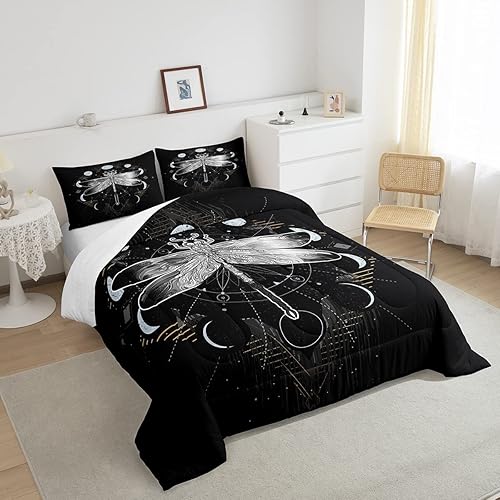 Miniatura 2 de Erosebridal Juego de ropa de cama de libélula, juego de edredón de sol y luna, tamaño matrimonial, juego de edredón hippie con estrellas y luna,