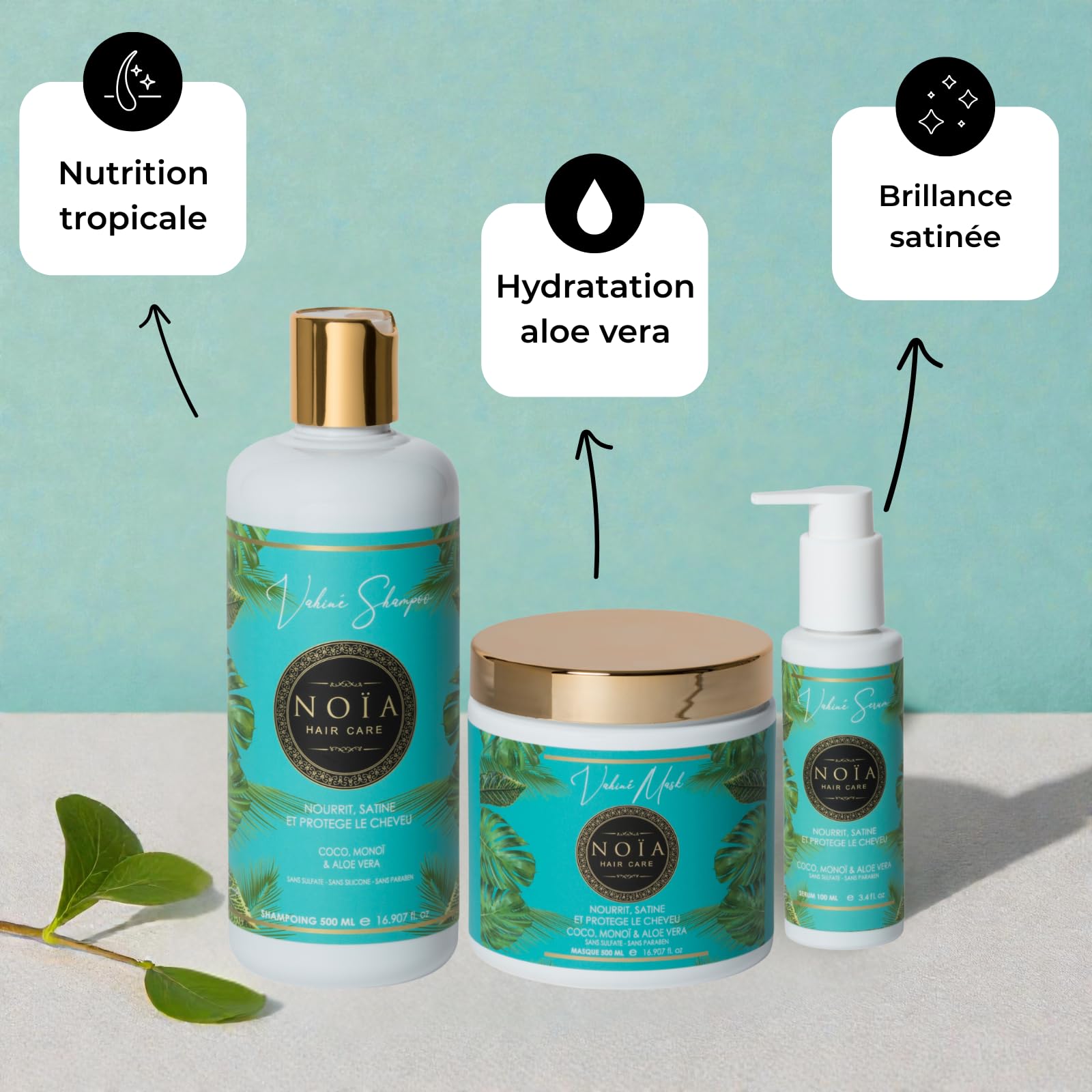 NOÏA HAIR – Trio Capillaire Professionnel VAHINÉ – Shampoing, Masque & Sérum – Nutrition & Hydratation – Monoï – Cheveux Secs, Ternes ou Déshydratés