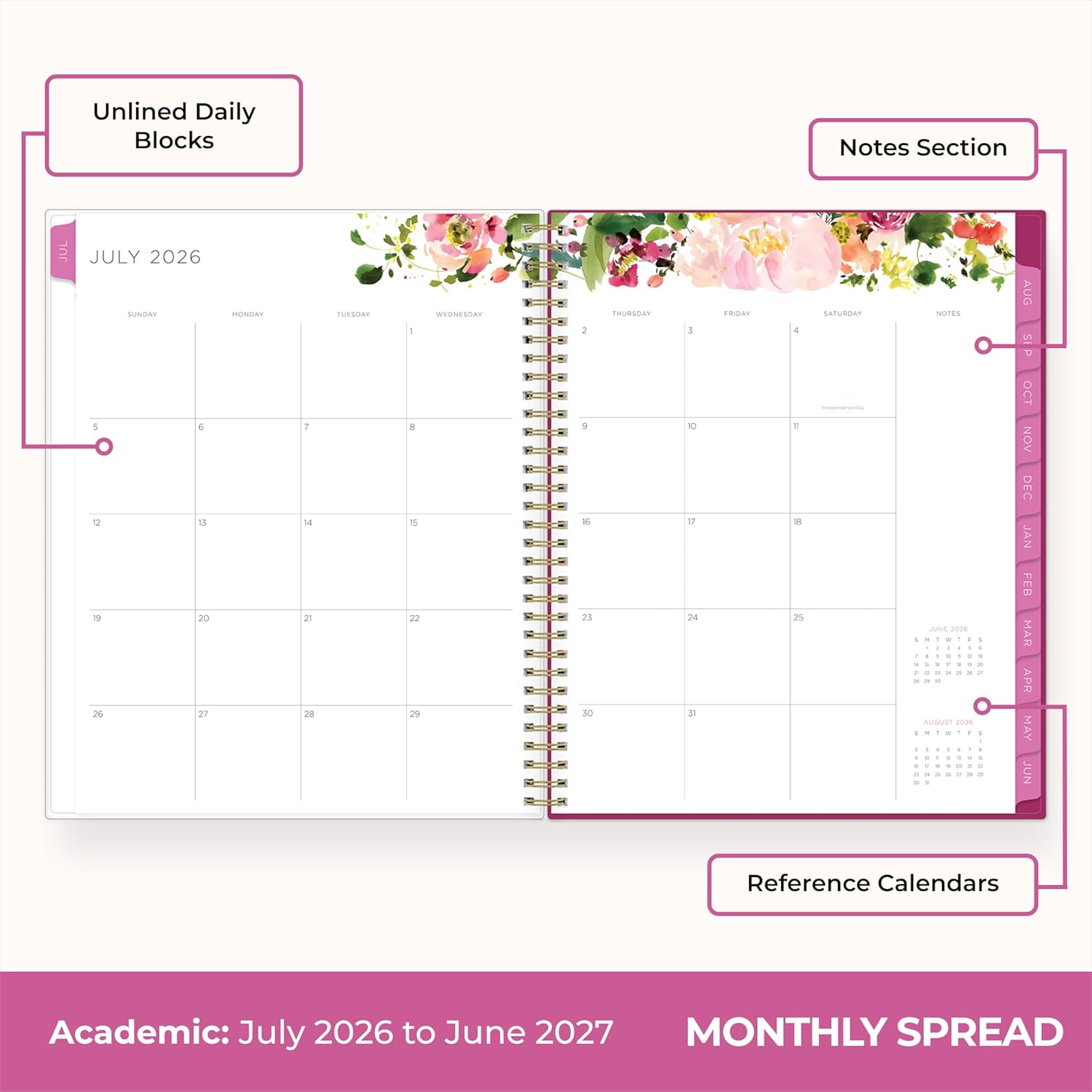 Blue Sky Kelly Ventura 2026-2027 Weekly and Monthly Academic Year Teacher Lesson Planner Calendar, July 2026 - June 2027, 8.5" x 11", Flexible Cover, Wirebound, Laminated Tabs, Storage Pocket, Magnetic & Snap In Book Marks, Includes Stickers, Summertime Brights