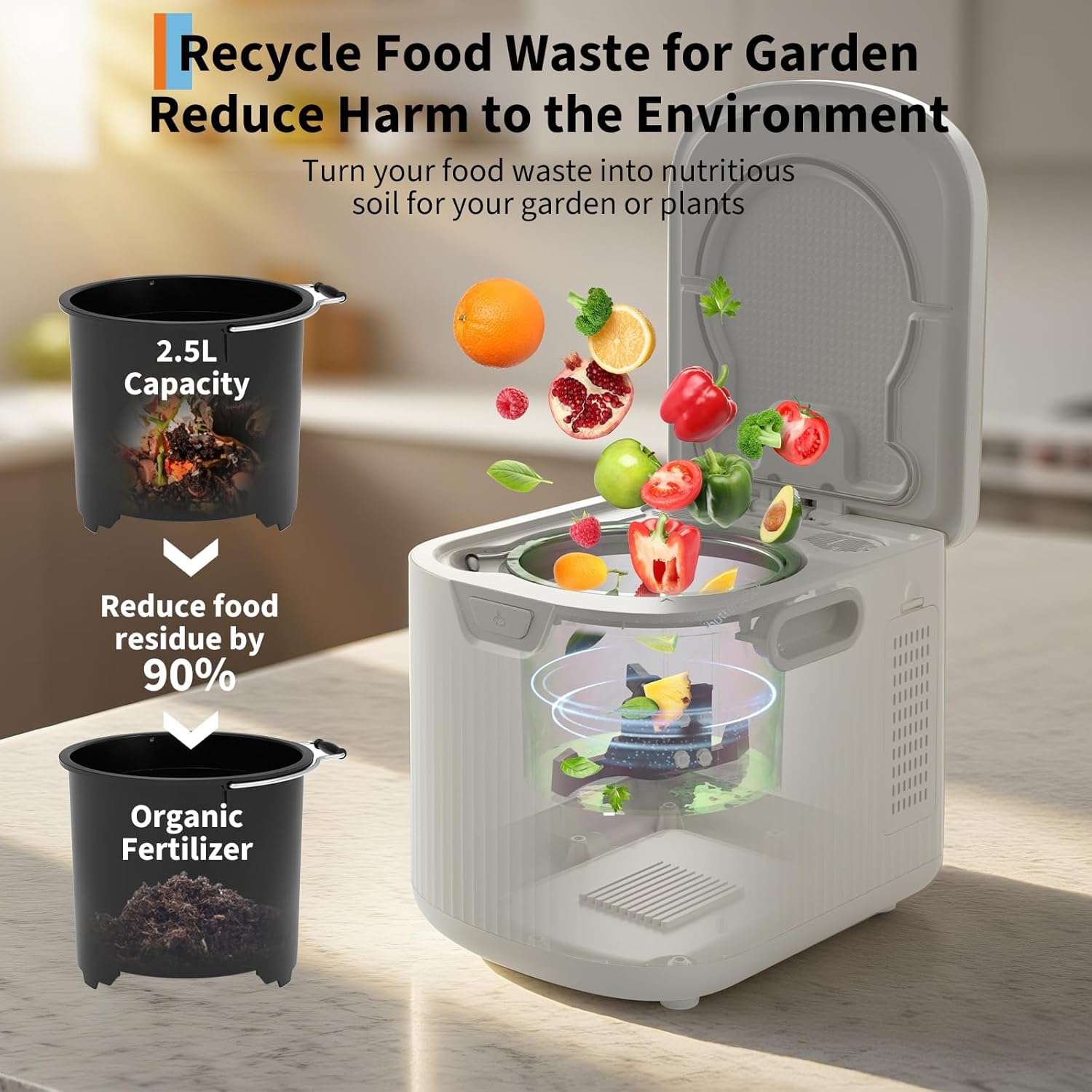 2.5L Electric Kitchen Composter, Smart Countertop Compost Bin, with Odorless, Low Noise, Auto Clean, LED Display, Compact Indoor Food Recycler, Transforms Scraps into Fertilizer