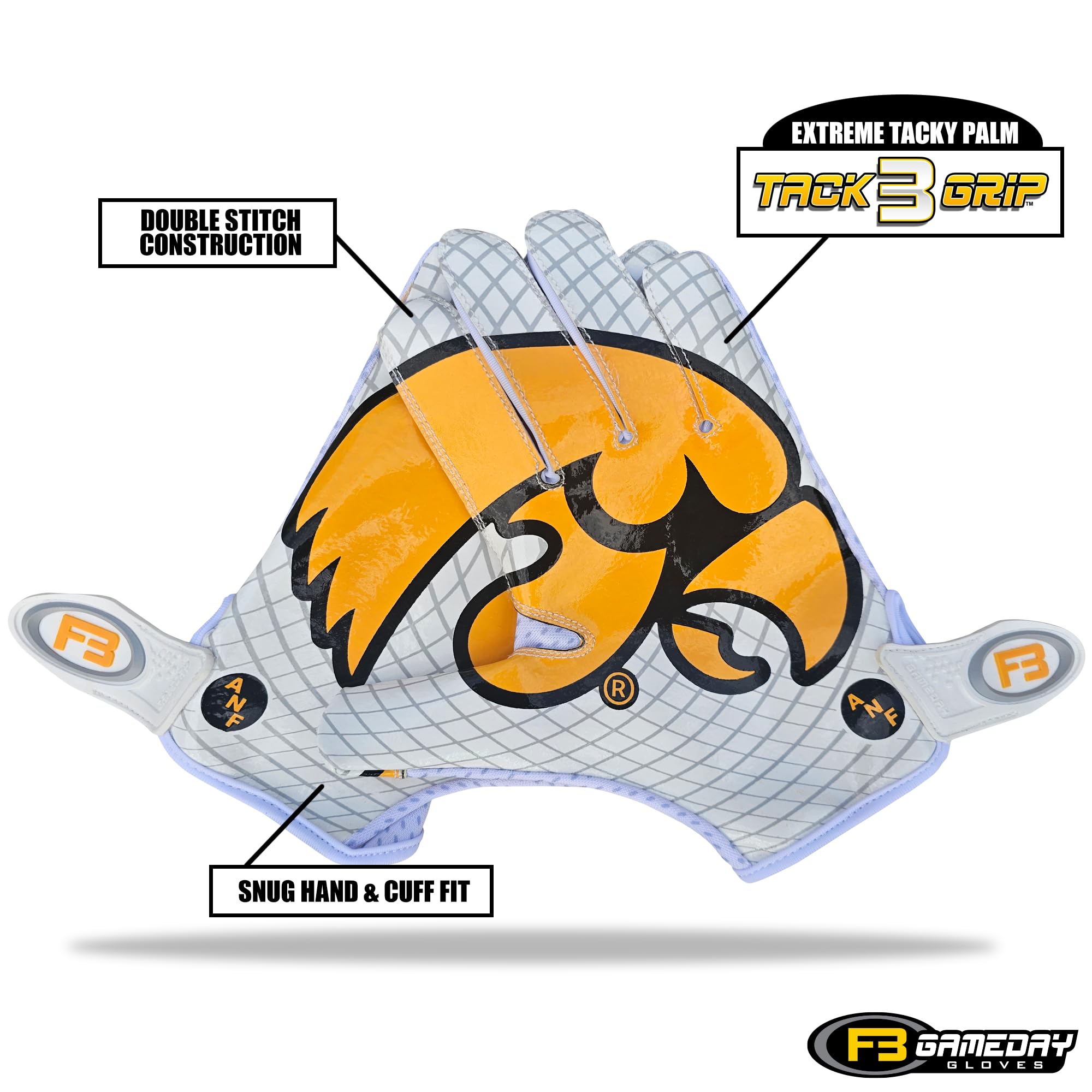 Scale Wear Design University of Iowa Hawkeyes Football Gloves with Super Stick-Tach Silicone Grip Palms. Men's & Youth Boys Sticky Football Receiver Gloves (White, Youth-M)