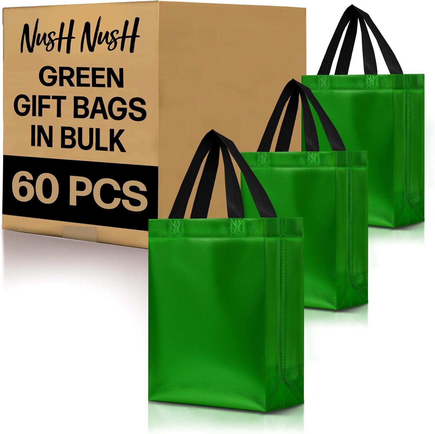 Nush Nush Set of 60 Shiny Green Gift Bags Bulk - Medium Size Reusable Gift Bags with Handles - Ideal for Small Business, Birthday Party Favors, Christmas, Weddings, Baby Shower Goodies - 8Wx4Dx10H