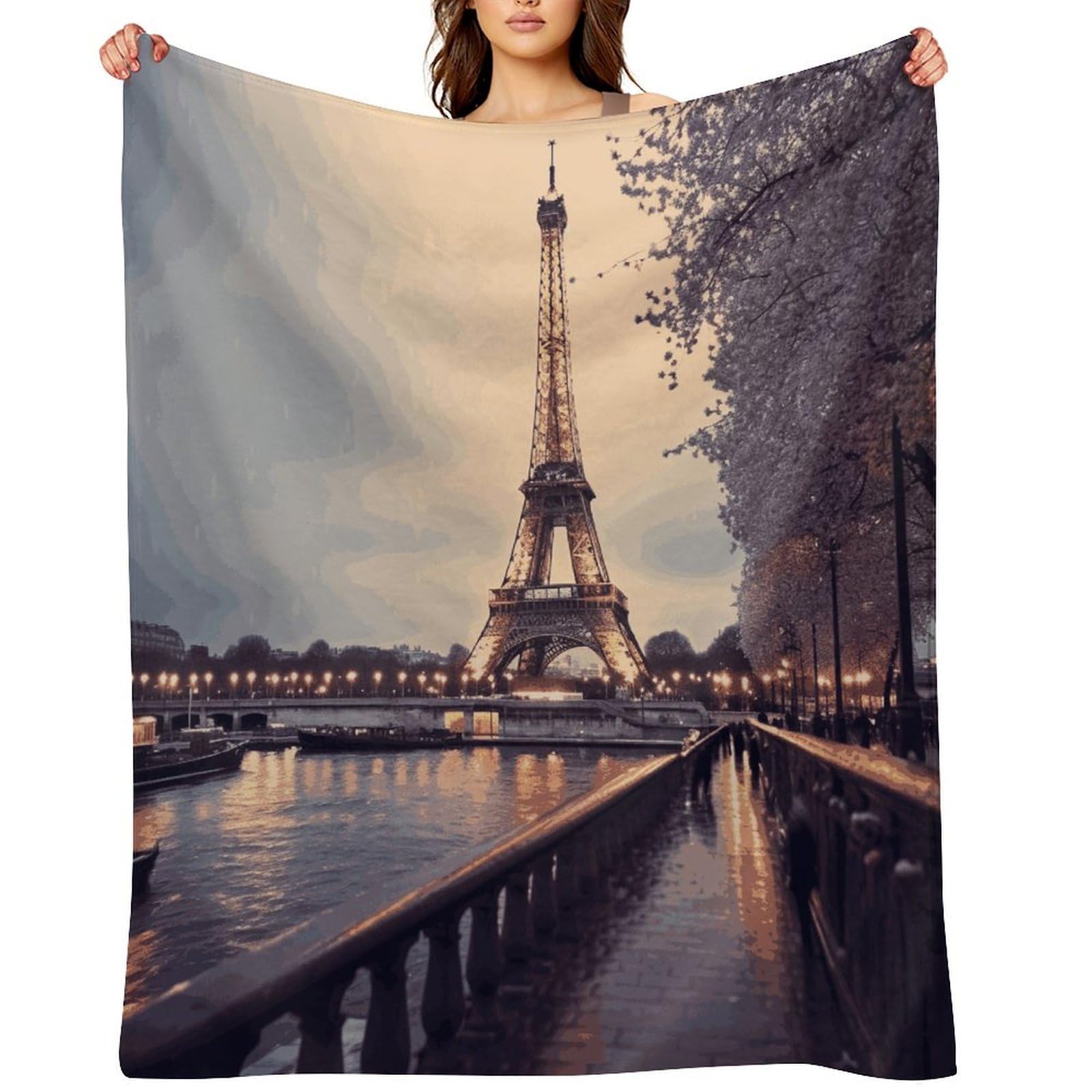 Flannel Fleece Throw Blanket - 50"x60" Super Soft Plush,Lightweight Wrinkle Resistant Cozy Eiffel Tower Winter Rainy Blanket for Couch Sofa Bed Travel Camping and Gift