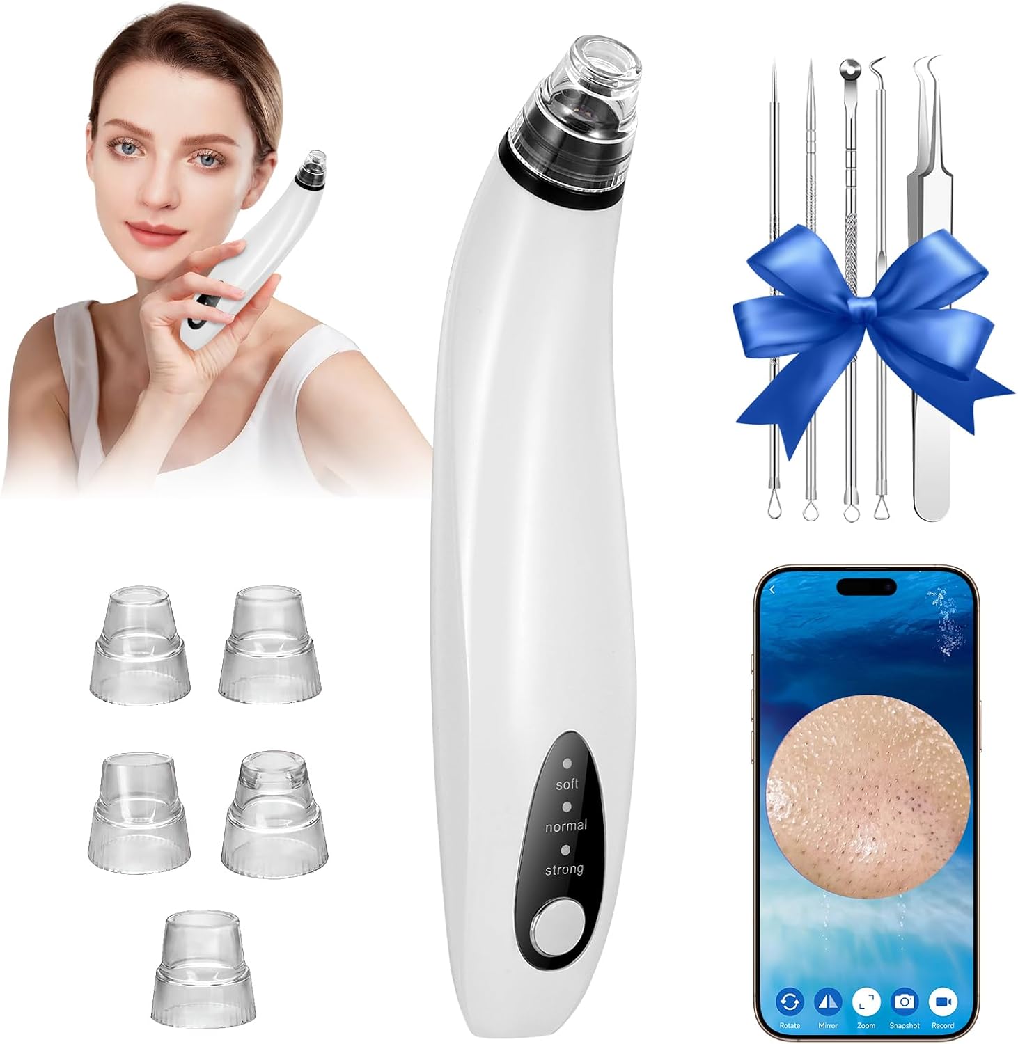 Blackhead Remover Vacuum with HD Camera, USB Rechargeable Electric Blackhead Remover, WiFi Visible Pore Cleanser with 3 Suction Power Modes, 5 Replaceable Probes Heads