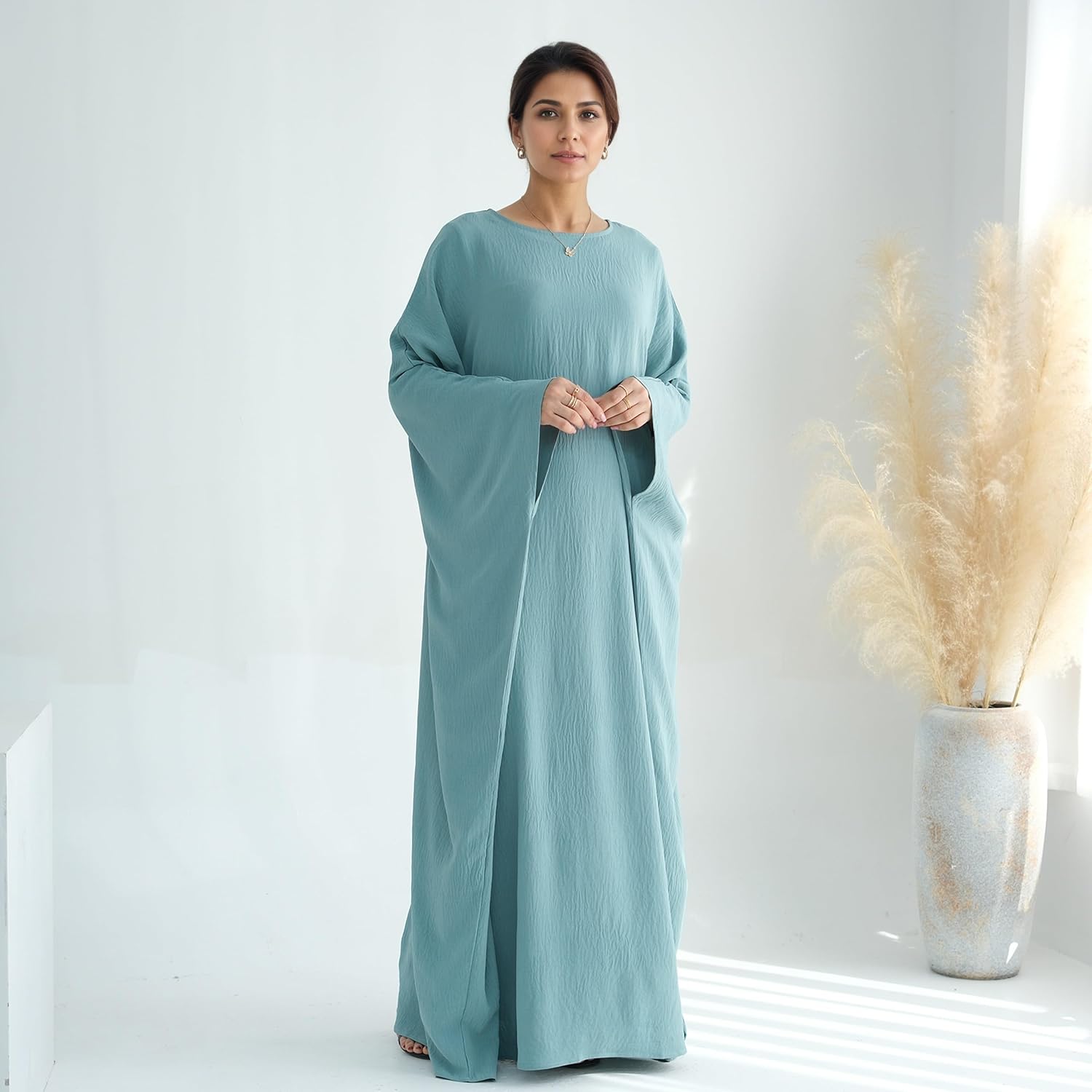 Abaya Dress for Women Soft Crepe Like Linen Khimar Butterfly Batwing Dubai Islam Muslim Kaftan Modest Prayer Dress
