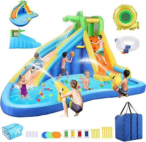 AKEYDIY Tobogán acuático inflable y casa de rebote de agua de cocodrilo, parque de tobogán acuático inflable con piscina de salpicaduras, pared de