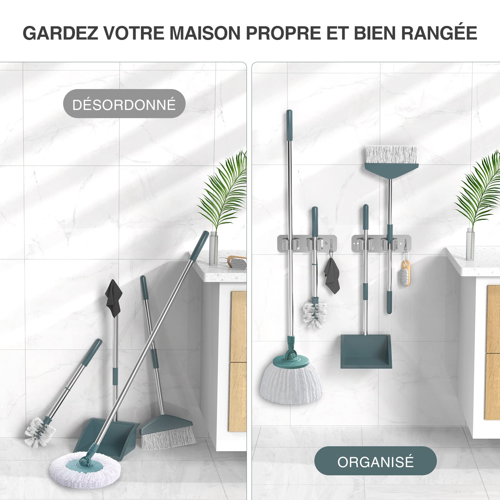 homeasy Porte Balai Acier Inoxydable, Accroche Balai Mural sans Perçage, Support Balai 2 Emplacements avec 1 Crochet pour Cuisine Salle de Bain Jardin Garage, 2 Pièces Argenté
