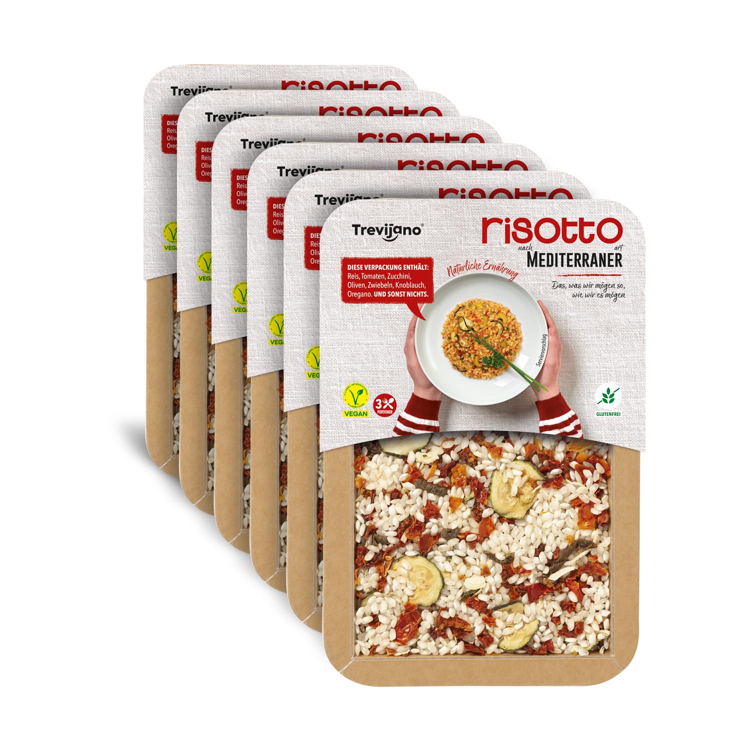 Trevijano Mediterranes Risotto: 6 Tabletts à 280g. Ohne Zusatzstoffe oder Konservierungsmittel, nur getrocknete pflanzliche Zutaten: Reis, Tomate, Zucchini, Knoblauch, Oliven, Zwiebel, Oregano.