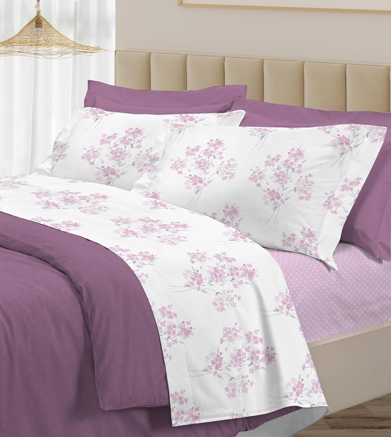 PELLECCHIA 1969 | Set Completo Letto 100% Cotone Percalle Italiano - Morbido Delicato Made in Italy Lenzuolo sopra + sotto con Angoli + Federe (Bouquet Rosa, Matrimoniale)