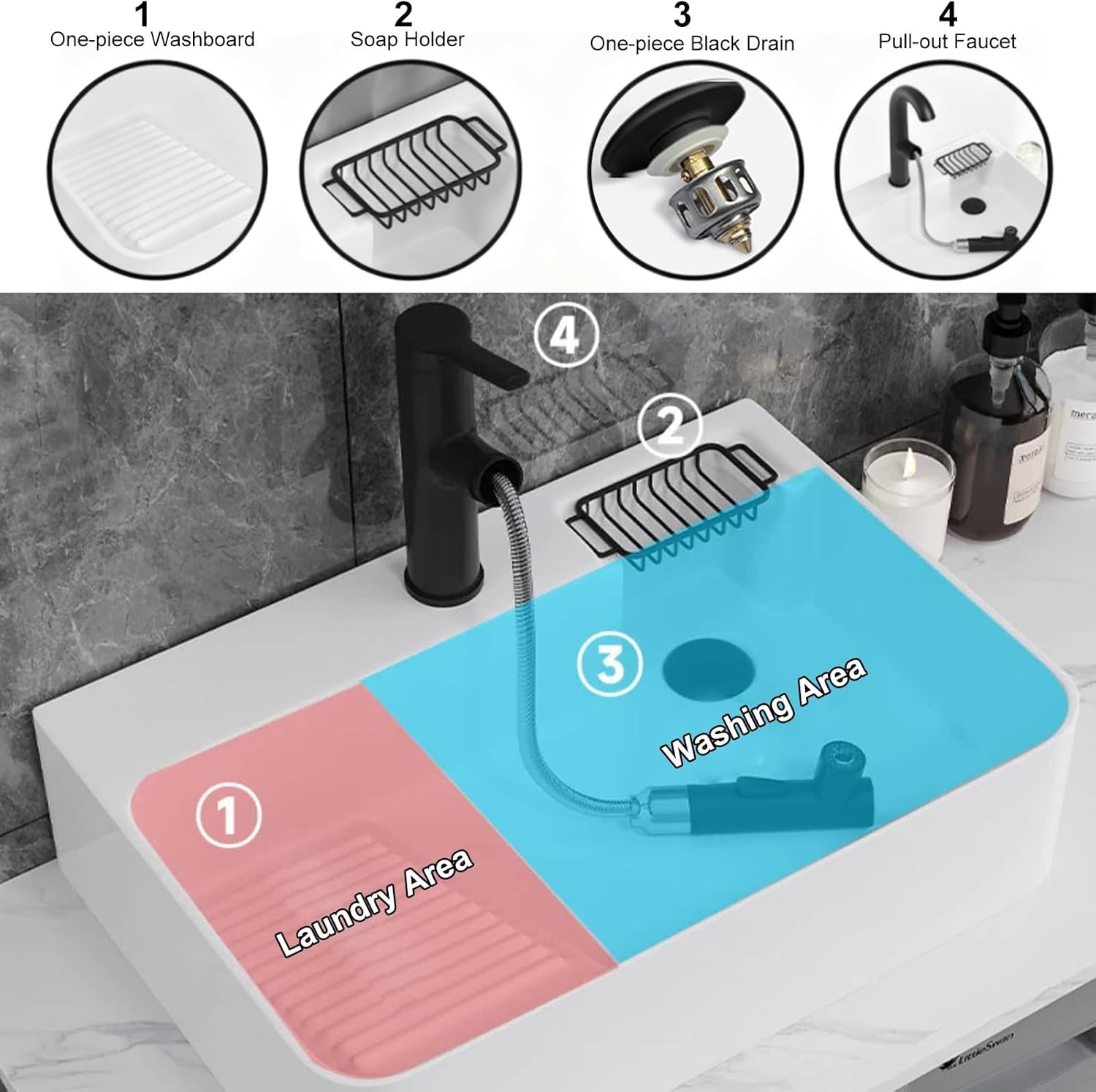 Laundry Room Utility Sinks Bathroom Undermount Sink with Washboard Faucet and Soap Holder Modern Ceramic for Laundry Room Balcony Bathroom(51.5x40.5x10.5cm/20.3x16x4.1in)