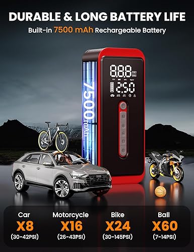 Miniatura 4 de ROTOPATA Inflador eléctrico de neumáticos, compresor de aire portátil de 12 V CC, bomba de aire inalámbrica de 150 PSI con luz LED y medidor de