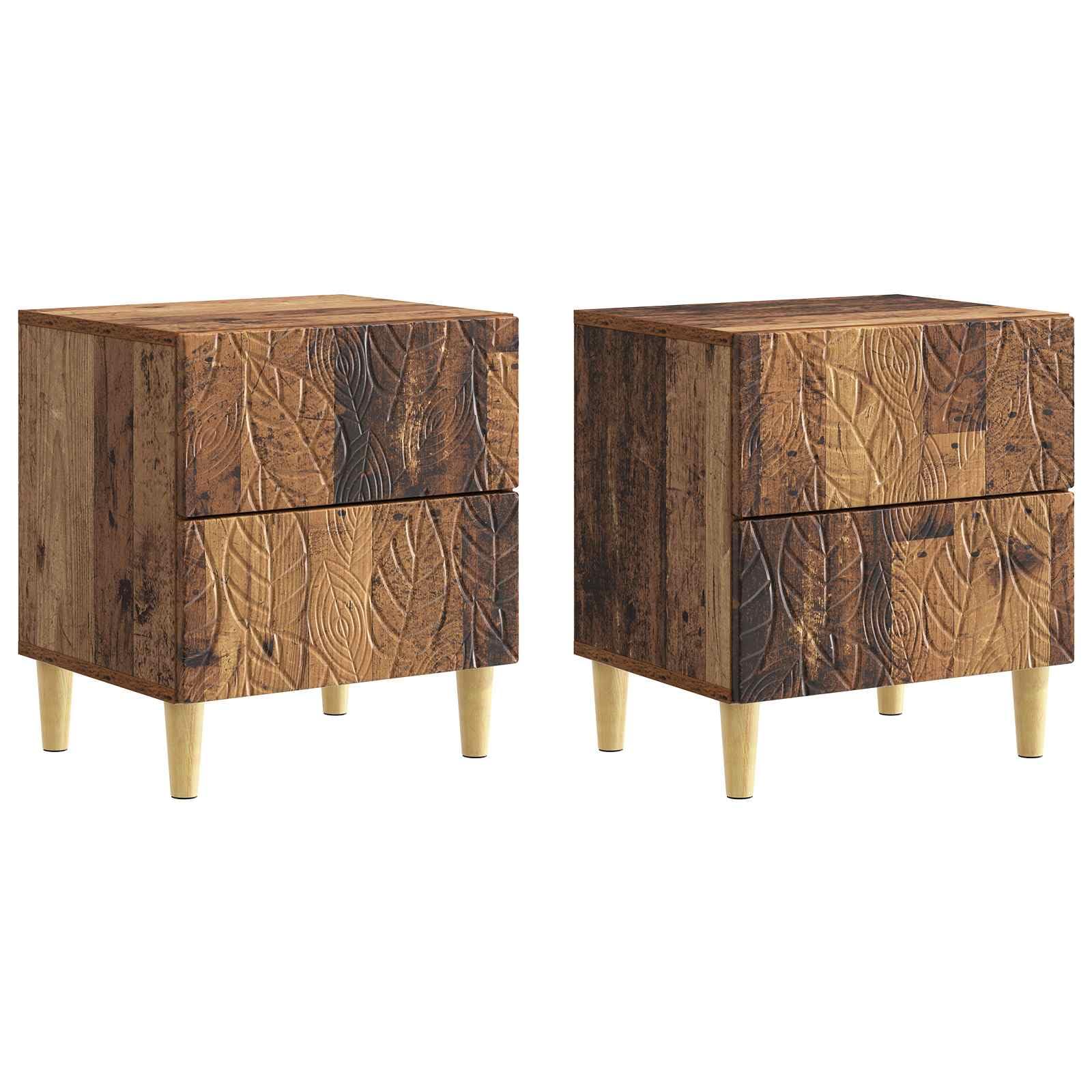 Nachttisch 2er Set Altholz 43x34,5x48 cm Beistelltisch | Kompakte Nachtkommode im Doppelpack mit Schubladen für Schlafzimmer und Wohnzimmer auf stabilen Massivholzbeinen.
