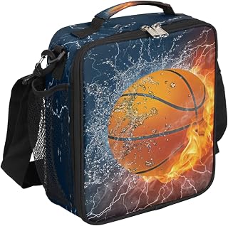Fire Basketball Kids Lunch Box Basketball Sport Insulated Lunch Bag Tote for Girls Boys Cooler Freezable Meal Prep Bag with Shoulder Strap Waterproof Lunch Container for School Office Picnic