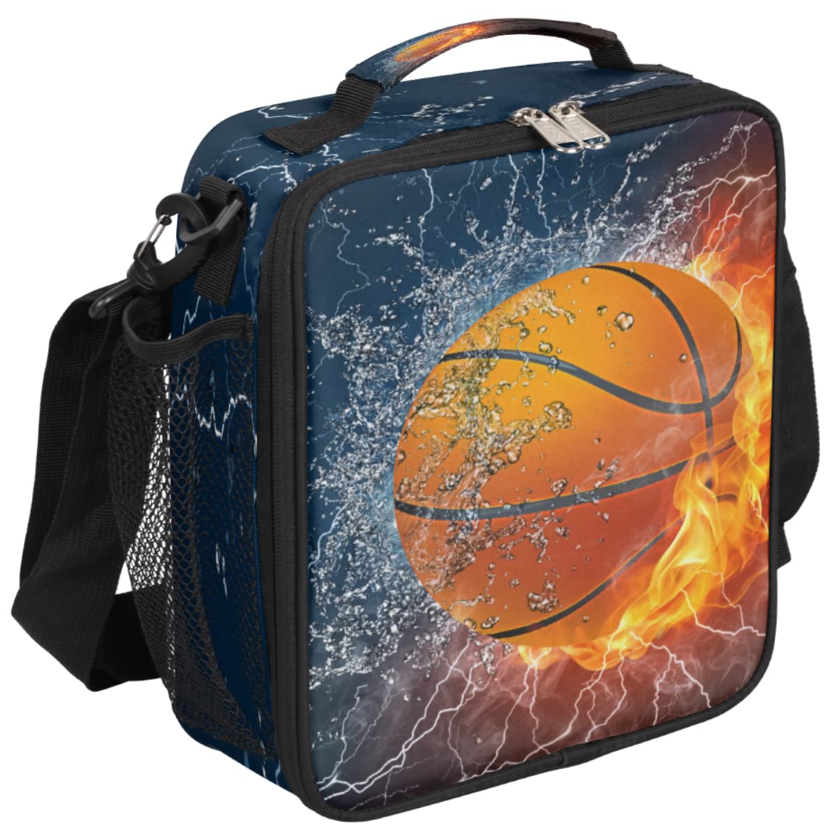 Pardick Fire Basketball Kids Lunch Box Basketball Sport Insulated Lunch Bag Tote for Girls Boys Cooler Freezable Meal Prep Bag with Shoulder Strap