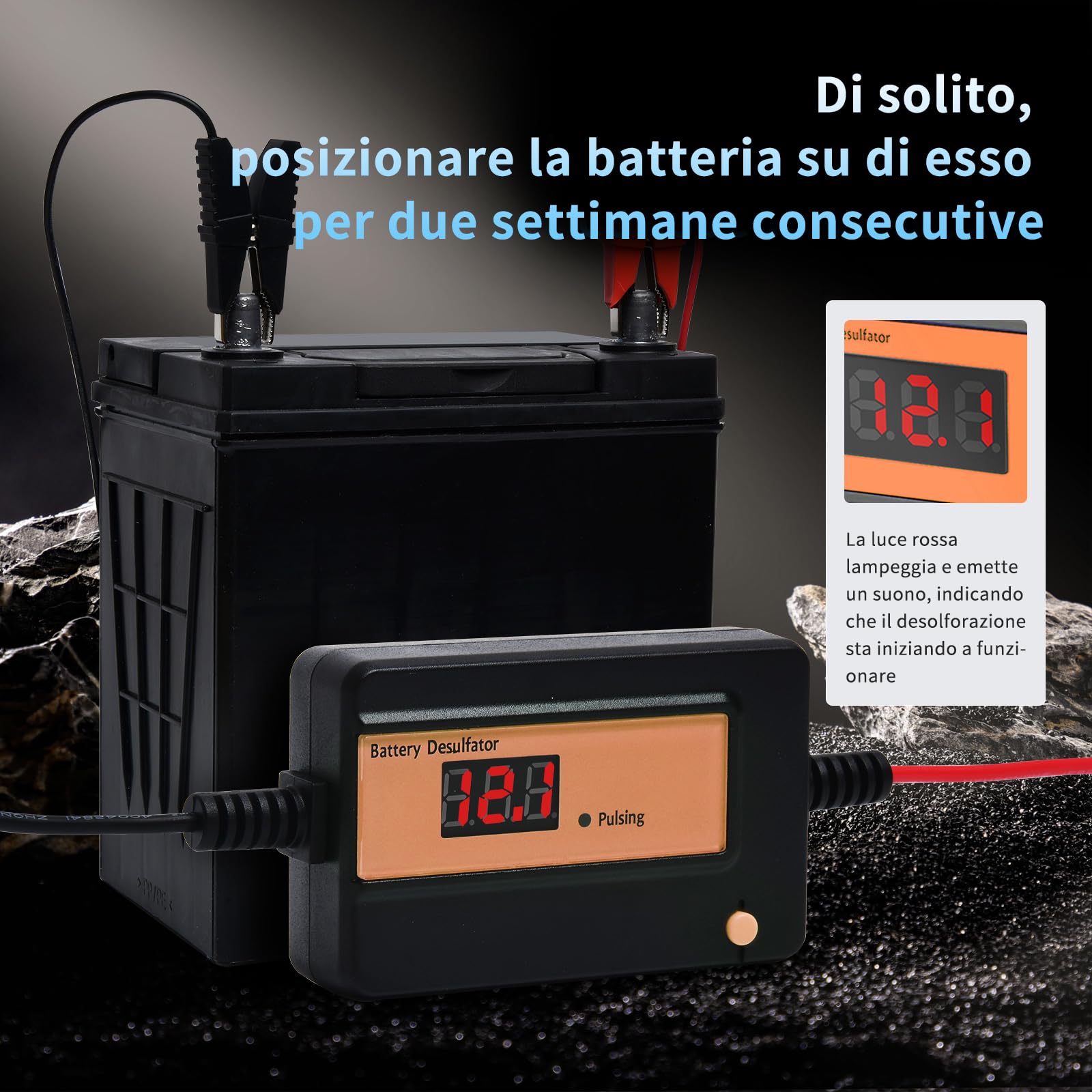 Desolfatore Automatico per Batterie al Piombo-Acido GEL, AGM, SLA, 12-48V,400AH, con Clip Grandi, per Auto, Camion, Moto, ATV, Barche, Pannello Solare (arancione)