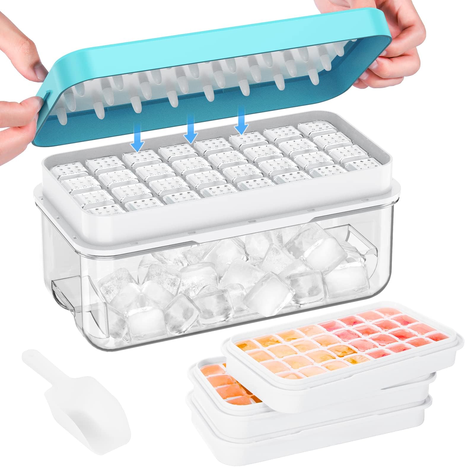 Ice Cube Tray with Lid and Bin, PHINOX 96 pcs Ice Trays for Freezer, Ice Cube Trays for Freezer with 3 Trays, Container, Lid & Ice Scoop, BPA Free