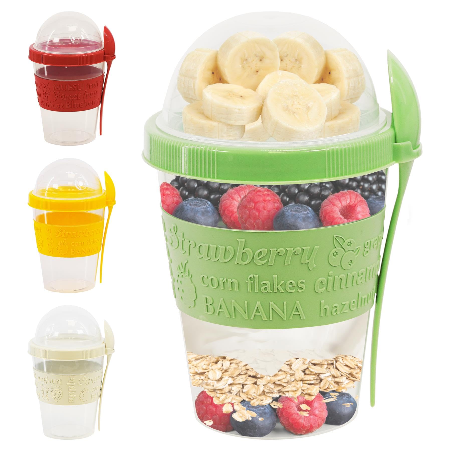 Geezy Multicolour Single Breakfast Pot With Lid And Spoon - 2 Compartments, On-The-Go, Leak Proof, Dishwasher Safe, Bpa Free - Yoghurt Pots Porridge Container Breakfast Jars Overnight Oats Container Granola Pots