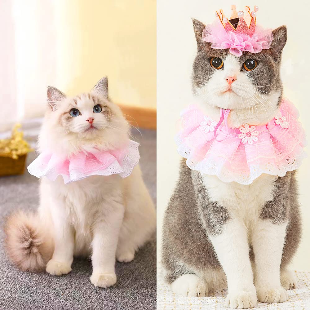 Cat Princess Costumes Pink Cat Crown Hat & Lace Bandana Scarf Set, Puppy Part Hat for Small Dogs & Cats, Pink Outfit for Cats and Small Dogs Birthday Party view 6