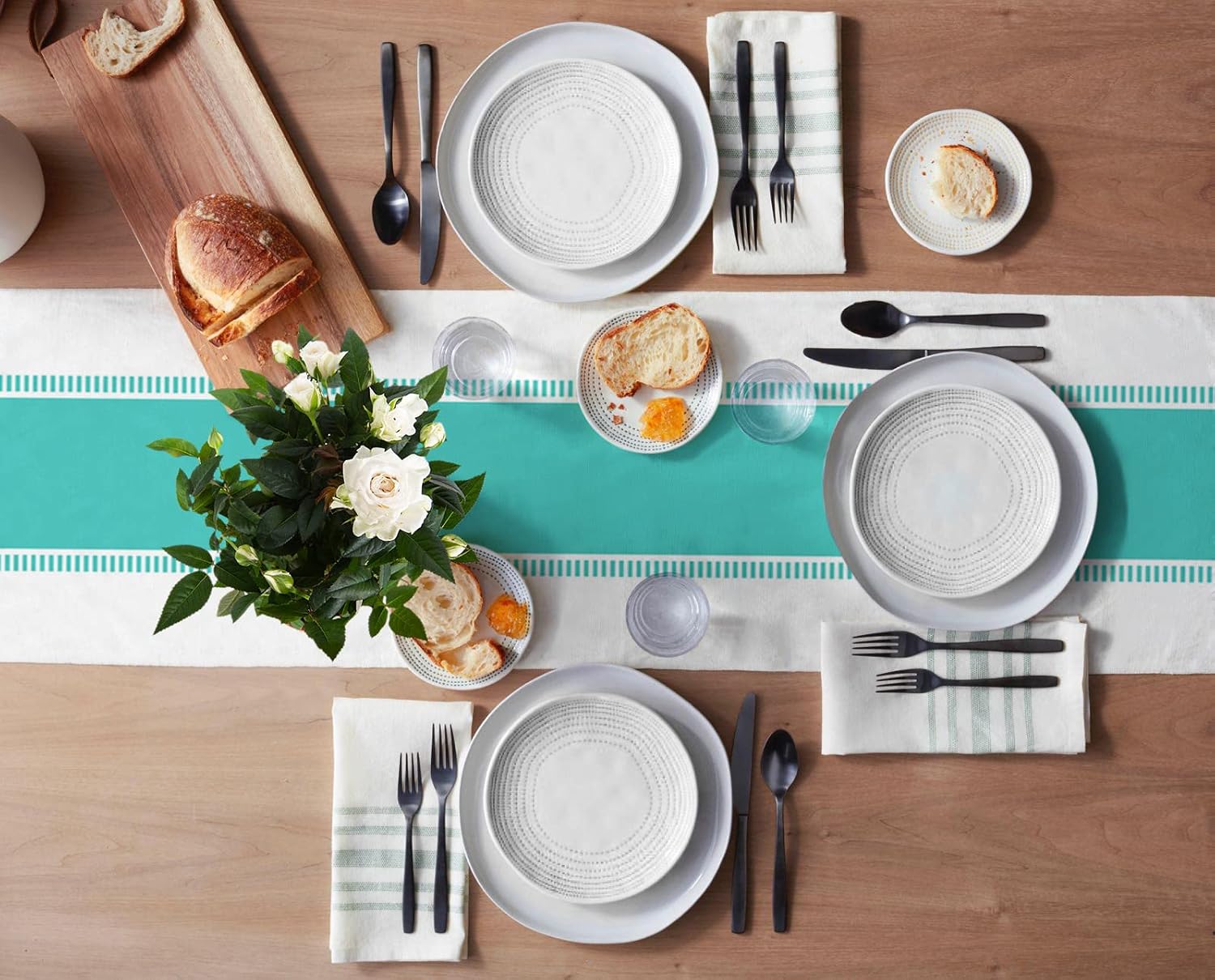T&H XHome Linen Table Runner 70 Inches Long Teal Green White Stripes Minimalist Simple Pattern Table Runnes for Party Dining Room Dresser Farmhouse Wedding Banquet Home Decorations 13x70Inches