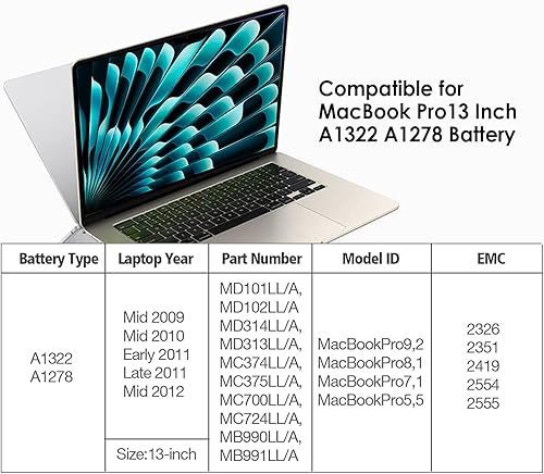 Miniatura 5 de Batería de repuesto A1322 A1278  Batería A1322 para MacBook Pro de 13 pulgadas mediados de 2012 2010 2009 principios de 2011 a finales de 2011