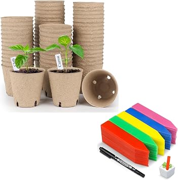 Peat Pots, 3.15 Inch Seed Starting Pots with Drainage Holes Round60 Pcs with 4 Inch Plastic Plant Labels Waterproof Plant Tags200 Pcs