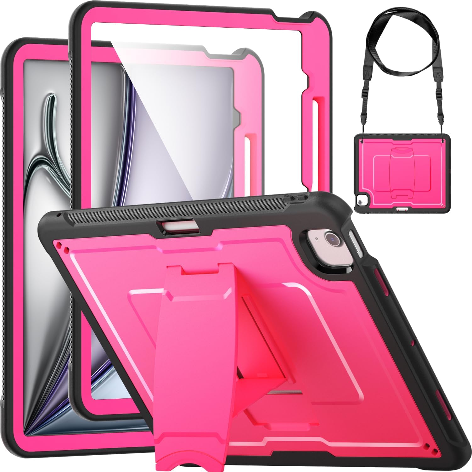 Miimall for iPad Air 13 Inch Pencil Holder Case M3 2025/ M2 2024, Heavy Duty Screen Protector Case, with Hard Strap Shoulder, Kick Stand, Pencil Holder Soft PC+TPU Rugged Cover for iPad Air 13, Rose
