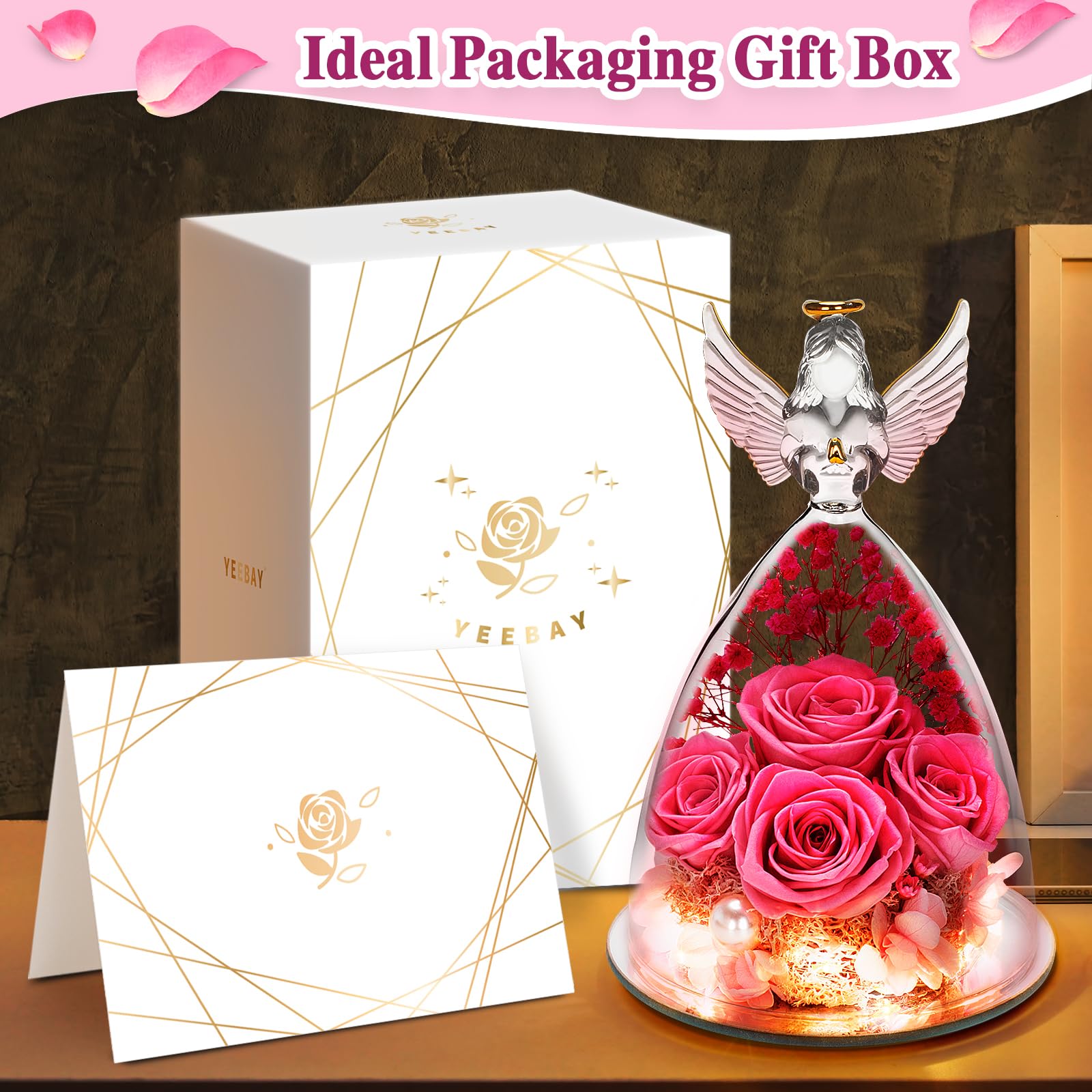 YEEBAY Preserved Flowers Rose, for Mom, Wife Grandma, Angel Figurine with Rose and Light, Ideal Christmas, Anniversary, Wedding, Valentine's Day, Birthday Gift for Her, Women
