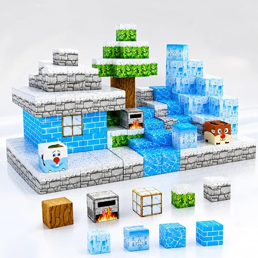 JYORA Minecraft Magnetic Blocks 54 PCS Snow Theme | Minecraft Building Blocks Set with Storage Bag &amp; Idea Guide | Strong M...