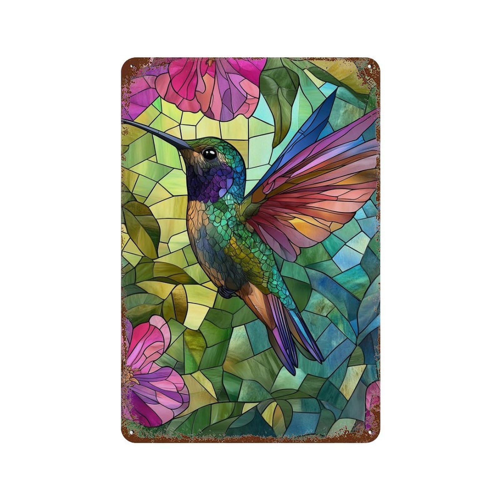 Garage Style Stained Glass Hummingbird Art Print-2 Distressed Metal Wall Sign 11.8"x7.9", Rustic Home Decor for Bar And Workshop