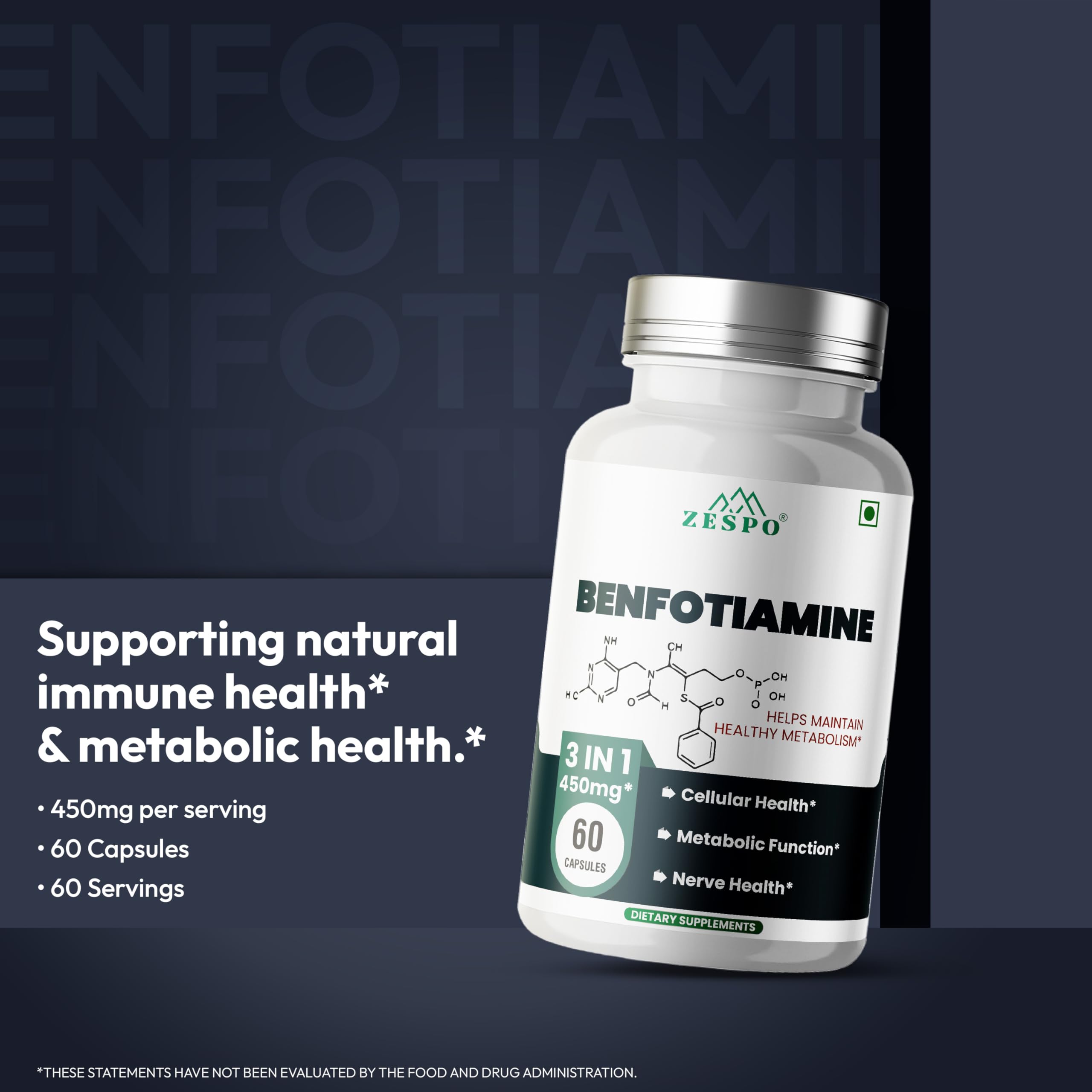 Zespo Benfotiamine 450mg Vitamin B1 Alpha Lipoic Acid L-Leucine 60 Ct 3