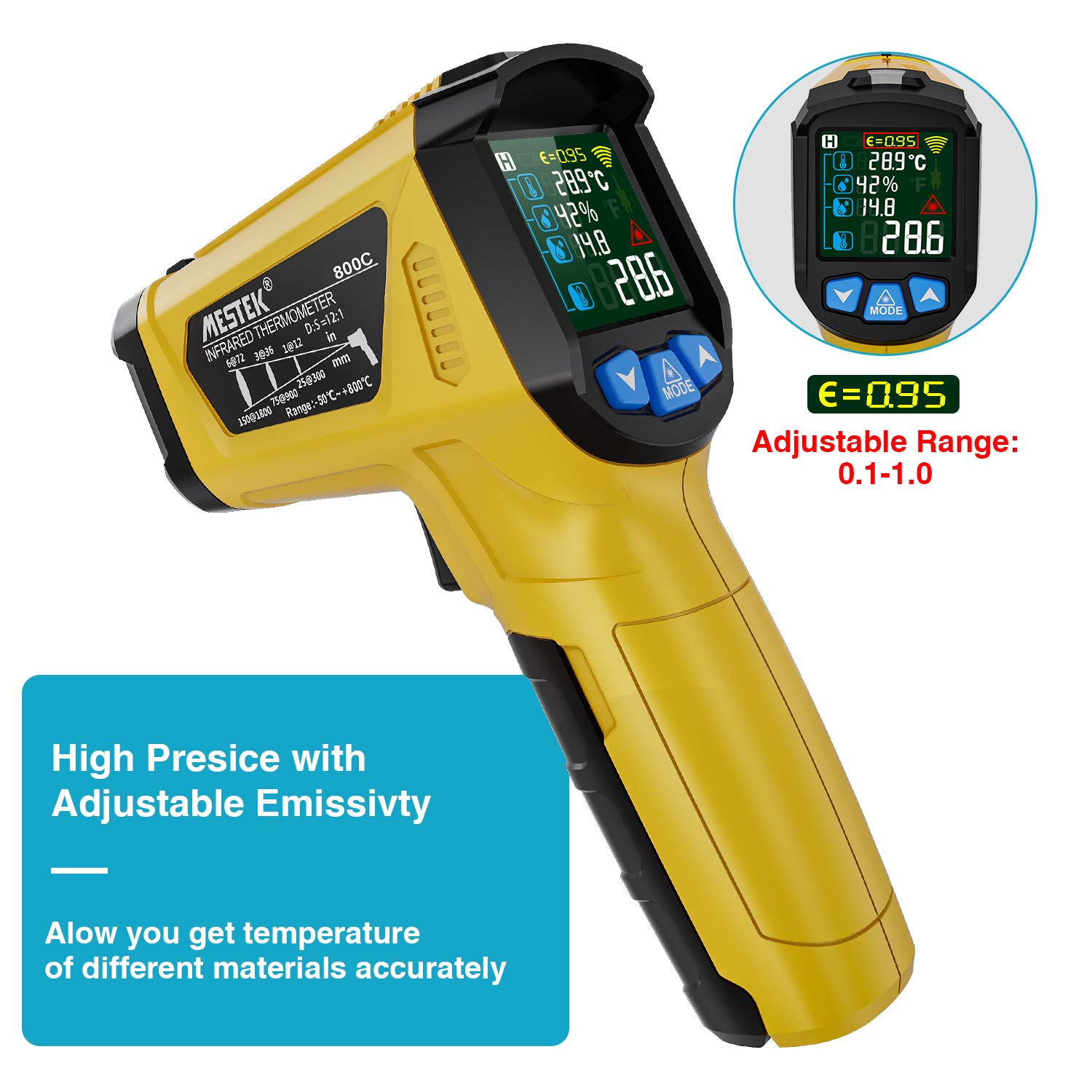 Thermomètre Infrarouge Laser MESTEK et Sonde Pistolet IR Temperature Sans Contact LCD -50°C~800°C Réglable Alarme d'émissivité Point de Rosée Cuisine Barbecue Congélateur Aliments Réfrigérateur