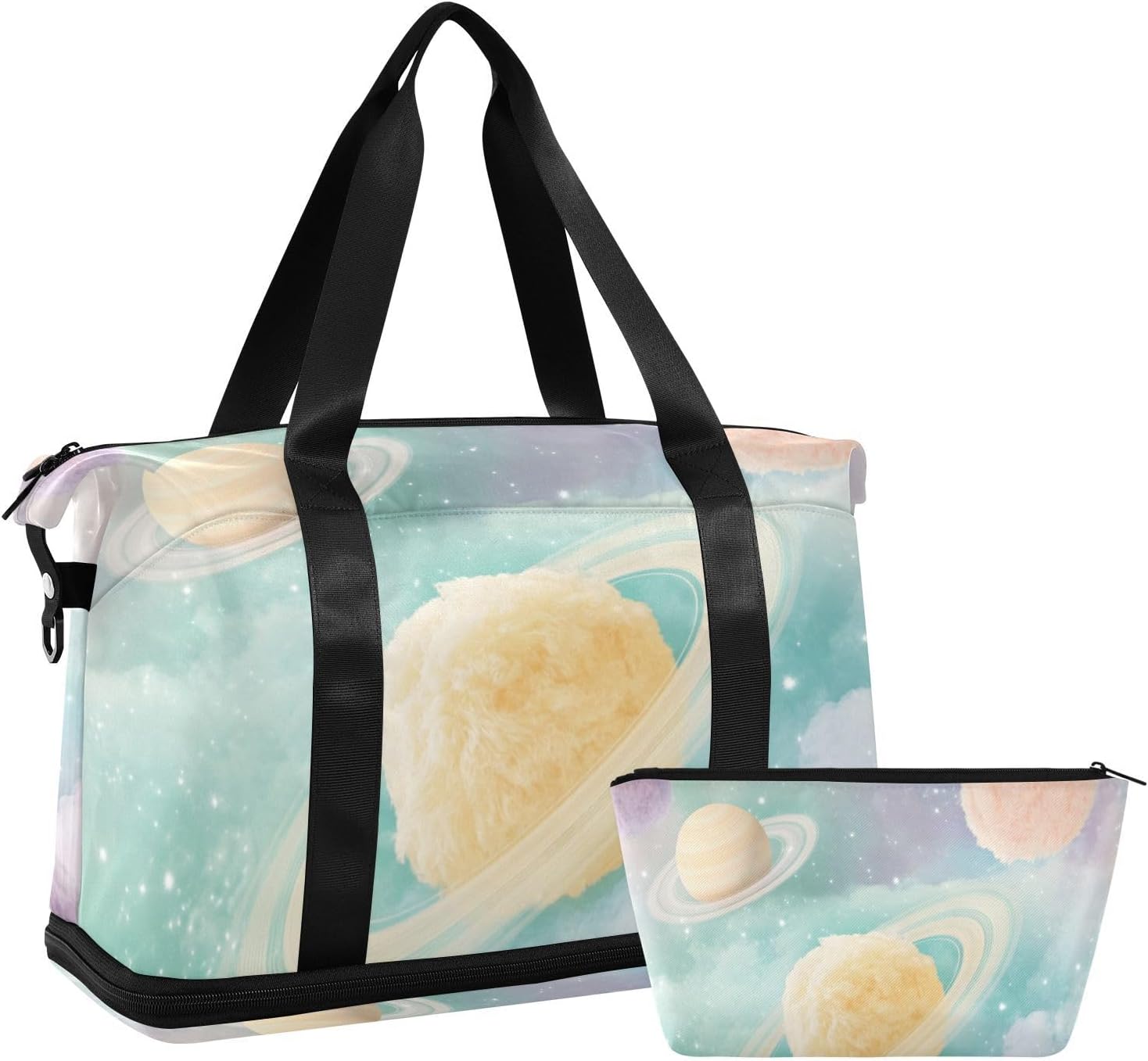 Cartoon Cute Colorful Plush Planet Sports Tote Gym Bag Weekend Bag with Toiletry Bag for Workout Waterproof