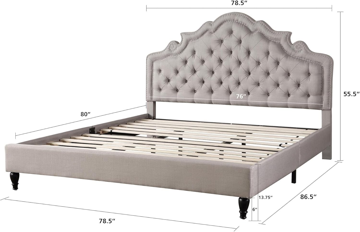 King Upholstered Platform Bed Frame with 51" Tall Headboard - Button Tufted Cloth Bed - Wood Slat Support with Storage Space - No Box Spring Needed - Easy Assembly - Light Grey- OLIVER & SMITH Madison