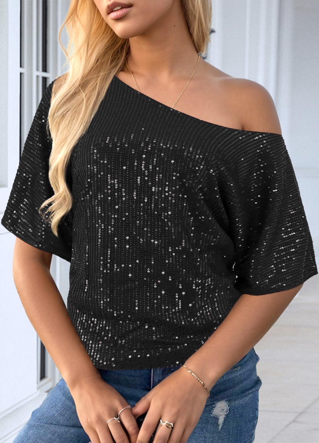 Womens Sparkly Sequined Tops Short Sleeve One Shoulder Loose Oversize T-Shirts Giltter Blouse Cocktail Rave Party - Image 5