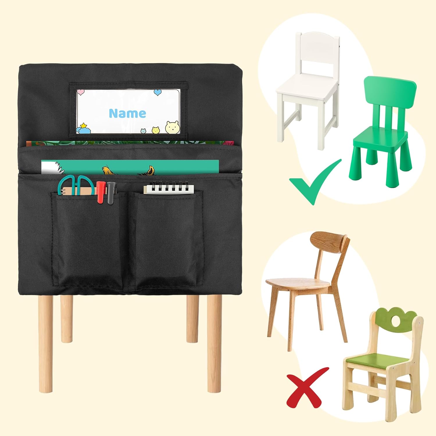 24 pack chair pockets for classrooms, 13 x 14 inch seat sacks for classroom chairs k-2 with name slot, small chair pockets for kindergarten, school, home seating storage (black) black small
