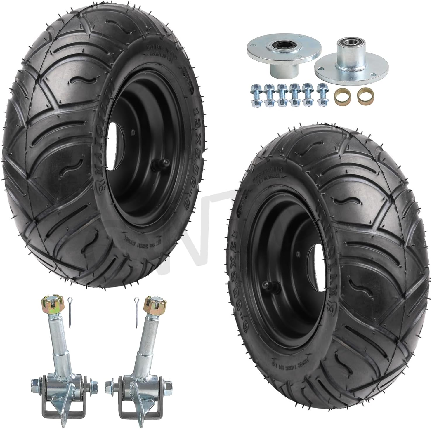 Sturdy Go Kart 13x5.00-6 Wheel Assembly: Ideal for ATV, Quad, Buggy, 4 Wheeler Racing Carts, and Trikes. Includes 2 tubeless 13x5-6 lawn mower tires with 3 lug hubs