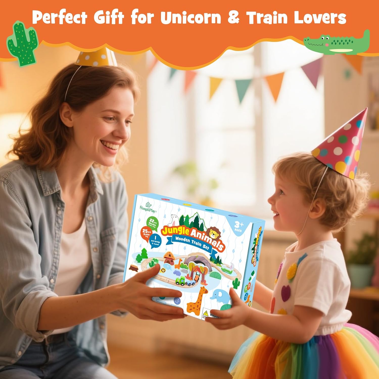 SIMPLIPLAY Wooden Train Set for Toddlers - 45PCS Jungle Montessori Train Sets, Train Tracks for Toddlers 3-5 with Bridge & Wooden Safari Animal Toys, Gifts for 3 4 5 Years Old Girls & Boys