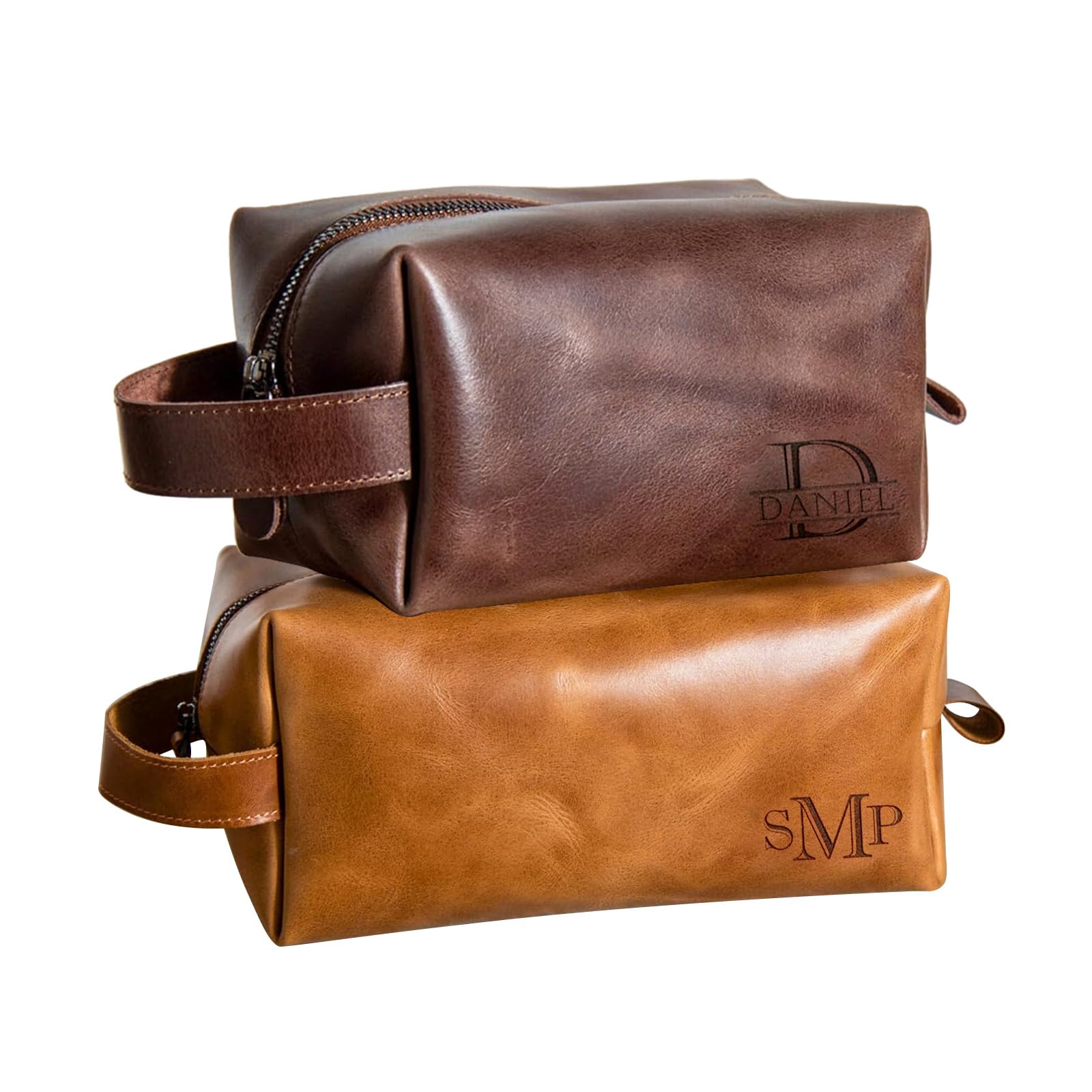 Dyoart Personalized Leather Toiletry Bag for Men - Custom Engraved Travel Dopp Kit Bag with Name - Unique Anniversary Gift, Birthday Gift - Handcrafted Toiletry Bag for Woman Husband Father