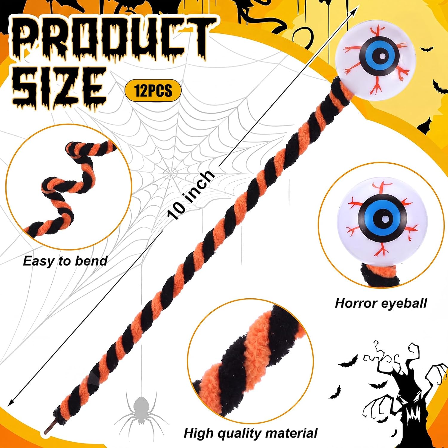 Wavwavw 12 Pcs Halloween Eyeball Picks 10 Inch Floral Pick,Black and Orange