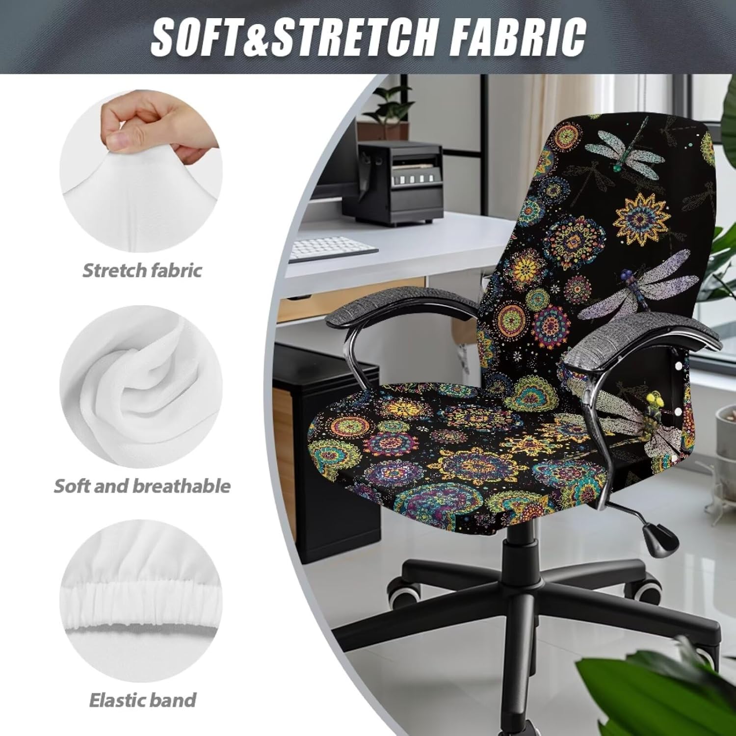 Office Chair Cover Dust-Proof Swivel Chair Protective Slipcover Bohemian Floral Dragonfly Print Stretchable Boss Chair Cover for Office Home Decoration, Large