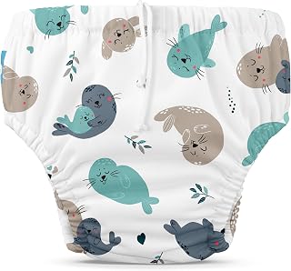 Charlie Banana Reusable Swim Diaper, Washable, Adjustable Drawstring for Baby Girls Boys, Soft and Snug Waterproof Fit to Prevent Leaks - Seally, Size L (22-34 lbs)