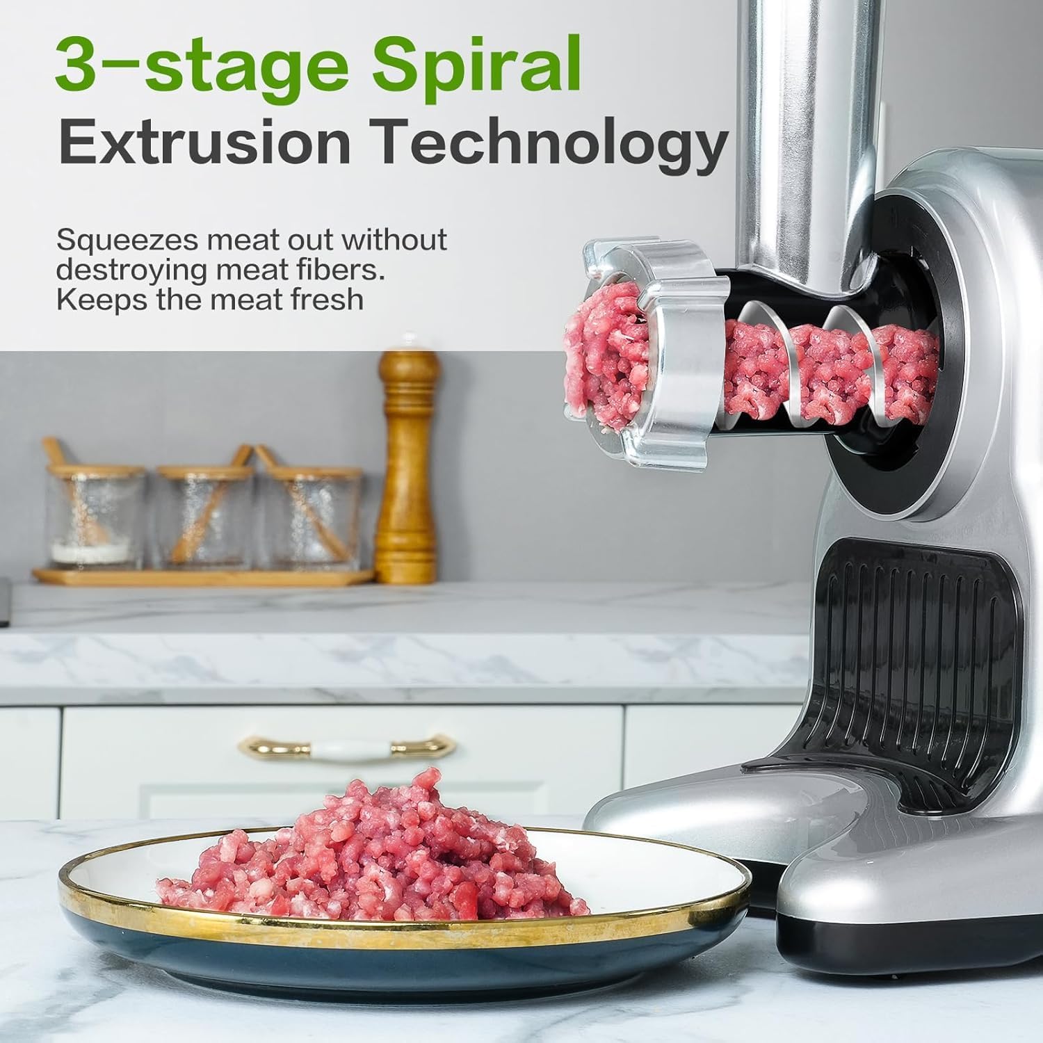5-in-1 Masticating Slow Juicer Machine, 3" Wide Feed Chute, High Juice Yield, Easy to Clean, Includes Meat Grinder/Sausage Maker/Vegetable Slicer, Silver/Black
