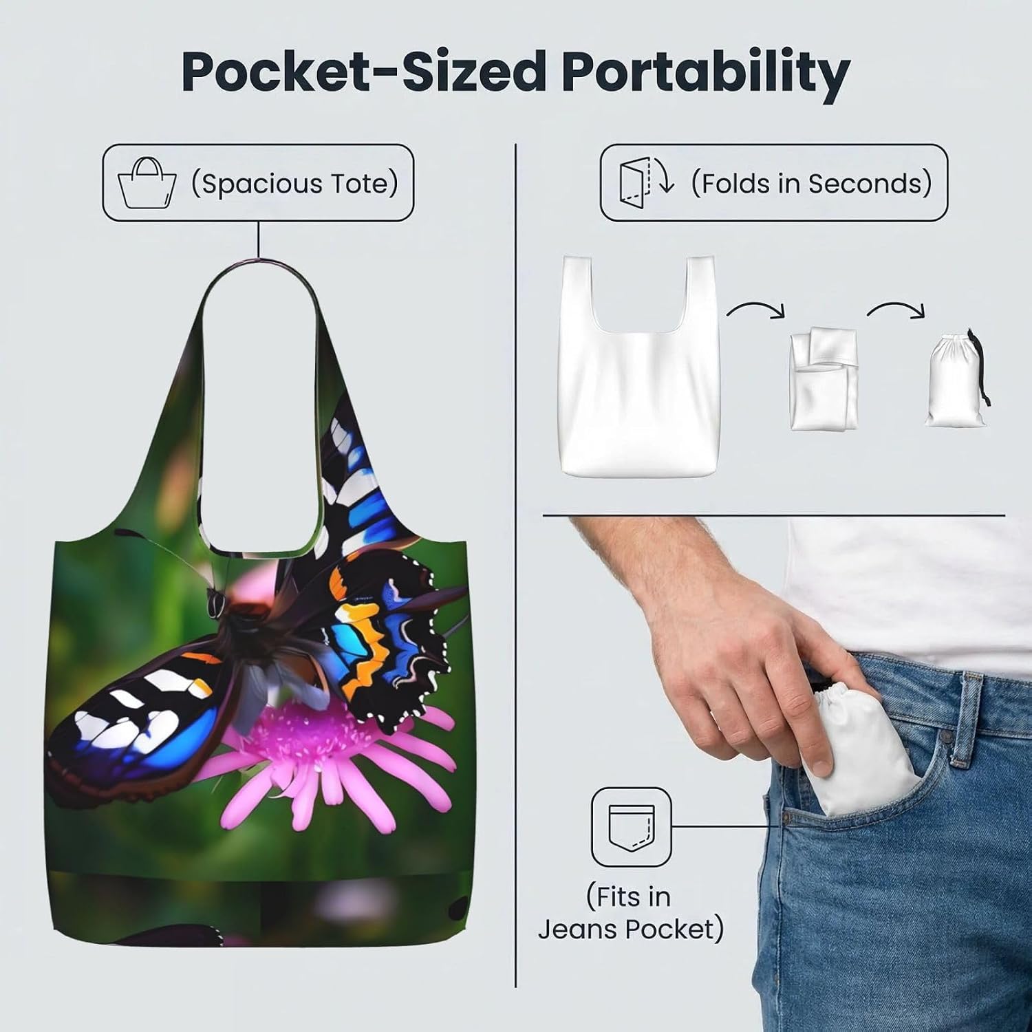 Reusable Shopping Bags Lightweight Foldable Grocery Bags In Pocket,Washable Large Tote Bags Colorful Butterfly Travel Shoulder Bag Gifts For Women Men image 5